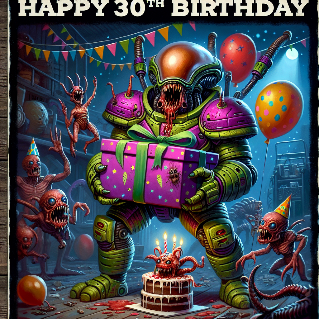 A humorous 30th birthday card design set in the grimdark sci-fi universe resembling the one in unique tabletop games. It features a central figure named Vinny, dressed in vibrant and oversized alien carapace armor, holding a large, festively wrapped gift that wriggles with the essence of grotesque creatures of decay. The backdrop is a birthday party lopsided midst the grimdark environment, with alien and decay-themed balloons and streamers. In all this chaos, a mischievous tiny demon-like creature pops out of a birthday cake.
Generated with these themes: Warhammer tyranids, Warhammer nurgle, Vinny, 30 years , and Warhammer 40K.
Made with ❤️ by AI.