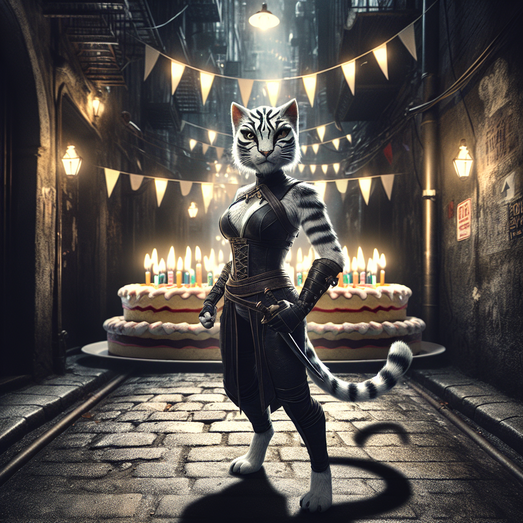 In an atmosphere that seems to straddle the line between reality and fantasy, an alleyway radiates with an eccentric celebration. At the nucleus of this scene stands a female feline creature, distinctively South Asian in appearance. The sharp contrast between her black and white striped fur and the dimly illuminated surroundings is hard to ignore. She possesses a muscular physique, hinted at by the snug fit of her rogue's leather armor. The vibe of this scenario leans towards fantasy, with her ready-for-action stance indicating her preparedness to tackle any circumstantial curveballs. The setting subtly incorporates elements of a birthday, with shadows formed like cakes and streetlights embodying the likeness of candles, creating an uncanny recognition of the celebratory event in an environment that is otherwise ominous.
Generated with these themes: Cat humanoid female, Black and white striped fur , Big chest, Leather armour, Rogue , Fantasy, Dark, and Alleyway.
Made with ❤️ by AI.