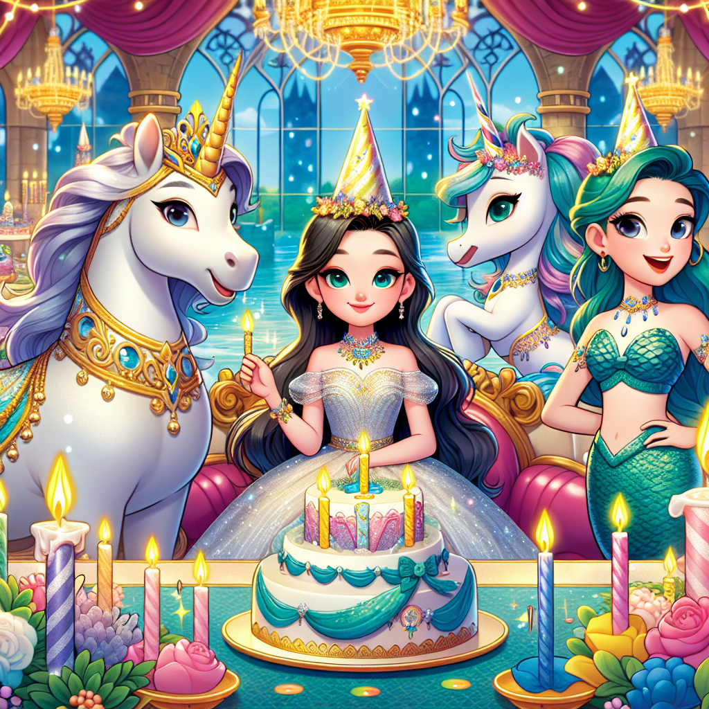 Drawing of a birthday party set in a mystical castle, where the princess is joined by unicorn and mermaid friends, each wearing a festive birthday hat.
Generated with these interests: Unicorns, Mermaid, and Princess.
Made with ❤️ by AI.