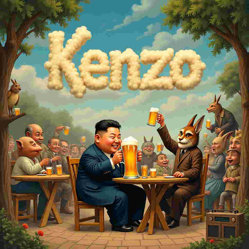 In this whimsical and satirical scene, imagine a bustling, fantastical beer garden set under a twilight sky painted in Maxfield Parrish’s dreamy hues. In the center, a caricature of Kim Jong-un sits at a rustic wooden table, playfully oversized like a character out of Quentin Blake's books, with a mischievous grin that echoes Beatrix Potter’s cheeky animals. He holds a frothy, over-the-top tankard of beer, styled with intricate Art Nouveau details reminiscent of Aubrey Beardsley. The tankard is so large that it almost obscures his face, adding a touch of humor to the illustration.

Around him, a crowd of mythical creatures and characters inspired by Maurice Sendak and Edward Gorey are engaged in their own animated conversations, all holding similar, comically large tankards. Some are perched on tree branches, much like the whimsical trees seen in Arthur Rackham’s work, their leaves curling gracefully around the branches. Above this lively scene, the name "Kenzo" is cleverly woven into the clouds, subtly nodding to the occasion. The letters are composed of fluffy, cumulus clouds, reminiscent of Gustave Doré’s detailed etchings, floating serenely across the sky, providing a serene backdrop to the humorous chaos below. In the corner, a small, vintage radio, designed with a touch of Norman Rockwell nostalgia, sits on the table, hinting at a story of shared laughter and sympathy conveyed through the clinking of glasses and camaraderie.
Generated with these themes: Looks like Kim Jong-un, and Drinks beer.
Made with ❤️ by AI.