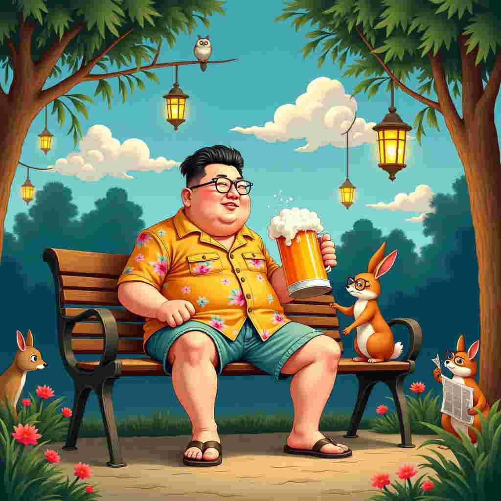 In a whimsical illustration reminiscent of a quirky storybook world, imagine a serene park setting at dusk, bathed in the gentle glow of lanterns hanging from tree branches that are reminiscent of Norman Rockwell’s comforting small-town scenes. The main focus is a caricature-like figure with a distinct resemblance to Kim Jong-un, donning a flamboyant Hawaiian shirt and Bermuda shorts, sitting on a quaint wooden park bench. In his hand, he holds an oversized frothy mug of beer that is adorned with colorful, exaggerated foam spilling over the edges, echoing the playful exaggerations of Quentin Blake's style. Next to him, a small, curious rabbit with spectacles, akin to a character from Beatrix Potter's tales, is perched on the bench, eyeing the mug with fascination. 

Around them, an audience of quirky woodland creatures has gathered—a fox reading a tiny newspaper, a squirrel with a monocle inspecting the beer, and a wise owl perched on a branch above, seemingly in contemplation. The park is lush and vibrant, with swaying willows and colorful flowers, akin to a Maxfield Parrish painting, providing a dreamy backdrop. 

In the sky, fluffy clouds lazily drift by, and as if magically suspended, they subtly form the letters of the name "Kenzo", a gentle tribute crafted from the delicate and elaborate linework reminiscent of Aubrey Beardsley. This ethereal touch makes it look as if the clouds have been playfully sculpted by an unseen hand. The whole scene tells a unique, humorous story of unlikely companionship, capturing a sense of light-hearted sympathy through the curious juxtaposition of elements and the playful interaction of characters.
Generated with these themes: Looks like Kim Jong-un, and Drinks beer.
Made with ❤️ by AI.