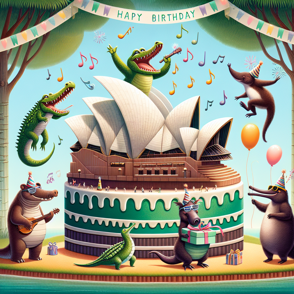 Visualize a humorous birthday card featuring a whimsical scene set against the iconic silhouette of the Sydney Opera House, transformed into an enormous birthday cake. Animated musical notes joyfully dance around its structure, highlighting the music theme. Various caricatured Australian animals, such as a crocodile donning sunglasses and a jovial platypus, appear in the scene presenting gifts. They are holding balloons and streamers instead of joints. Above them, a banner with a boomerang design glides, its green hue and leaf-like embellishments lending a subtle nod to the Australian vegetation, creating a distinctively Australian, yet fantastical atmosphere.
Generated with these themes: Australia , Weed, and Music.
Made with ❤️ by AI.