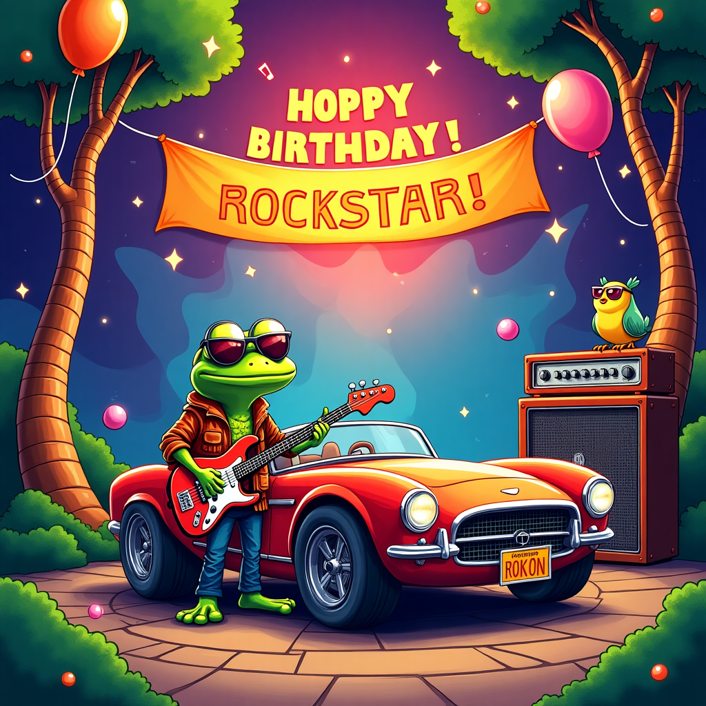 Front and center, picture a lively, vibrant scene bursting with exaggerated details. A cartoonish frog, with an oversized head and big, bulging eyes, is the star of the show. The frog is decked out in rock star attire: a tiny leather jacket, a pair of neon-colored sunglasses perched on its nose, and a miniature electric guitar slung across its body. Its fingers, slightly exaggerated for comedic effect, are poised mid-strum on the guitar strings.

Next to the frog is a comically tiny, vividly painted sports car, reminiscent of a classic rock band's tour vehicle. The car's body is a brilliant, eye-catching red with shiny chrome details, and the tires are oversized, giving it a playful, bouncy look. The license plate reads "ROKON" in bold, stylized letters.

Behind this dynamic duo, a vibrant stage backdrop is filled with abstract shapes and patterns inspired by a fusion of pop art and 1960s psychedelia, bursting with swirling purples, electric blues, and neon greens. A large speaker stack, exaggerated in size, stands to the side, sending out visual sound waves in cartoon style.

Floating above the scene is a banner strung between two cartoonish trees with spiraling trunks and large, whimsical leaves. The banner is brightly colored, with "HOPPY BIRTHDAY ROCKSTAR!" emblazoned across it in bold, energetic lettering. Balloons of various shapes and sizes drift lazily through the background, in colors like bright orange, electric pink, and sunshine yellow.

Sprinkled throughout the scene are little details for the eye to discover, such as a tiny, comical amp with dials turned all the way up to eleven, a few musical notes dancing in the air, and a small, cheeky bird perched on the car's hood, wearing its own little rockstar sunglasses.
Generated with these themes: Frog, Car, and Rock music.
Made with ❤️ by AI.