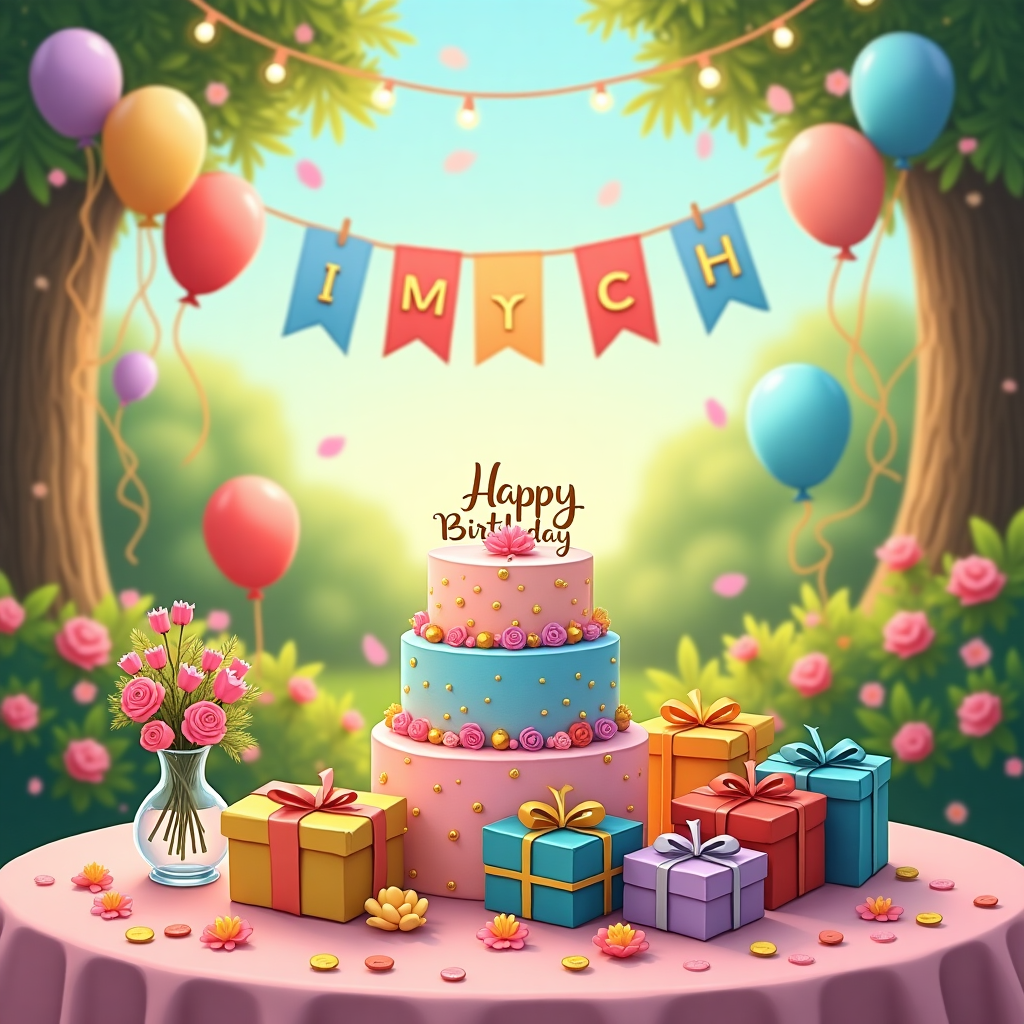 Visualize a charming birthday scene centered around a vividly detailed table, where a colorful birthday cake stands as the centerpiece. The cake is multi-tiered with a soft, creamy texture, frosted in pastel shades of pink and blue, and adorned with delicate sugar flowers and tiny edible pearls. On top of the cake, spelled out in shimmering gold letters, the word "Airakkutty" gracefully curves around a small fondant heart.

Surrounding the cake, a collection of vividly wrapped presents catches the eye, each box covered in gleaming foil with contrasting ribbons: electric blues, vibrant yellows, and fiery reds create a playful contrast. A glass vase on the table holds a bouquet of freshly picked wildflowers, their petals in hues of lavender, sunny yellow, and crisp white, adding a touch of natural beauty.

The background reveals a soft-focus garden setting, where lush greenery and blooming rose bushes create an inviting, picturesque backdrop. From the branches above, strings of tiny fairy lights twinkle in the warm daylight, lending a festive sparkle. In the sky, a colorful banner fluttering gently reads "Happy Birthday 🥰❤️😘" in bold, whimsical font.

A group of cheerful, floating balloons in varied sizes and colors—ruby reds, soft peaches, and sky blues—hover above the scene, some tethered to the ground by silvery strings. On the ground, a playful confetti scatter of rainbow colors completes the celebratory look, ready to be illustrated into a delightful, lifelike birthday greeting card.
Generated with these themes: Happy Birthday 🥰❤️😘.
Made with ❤️ by AI.