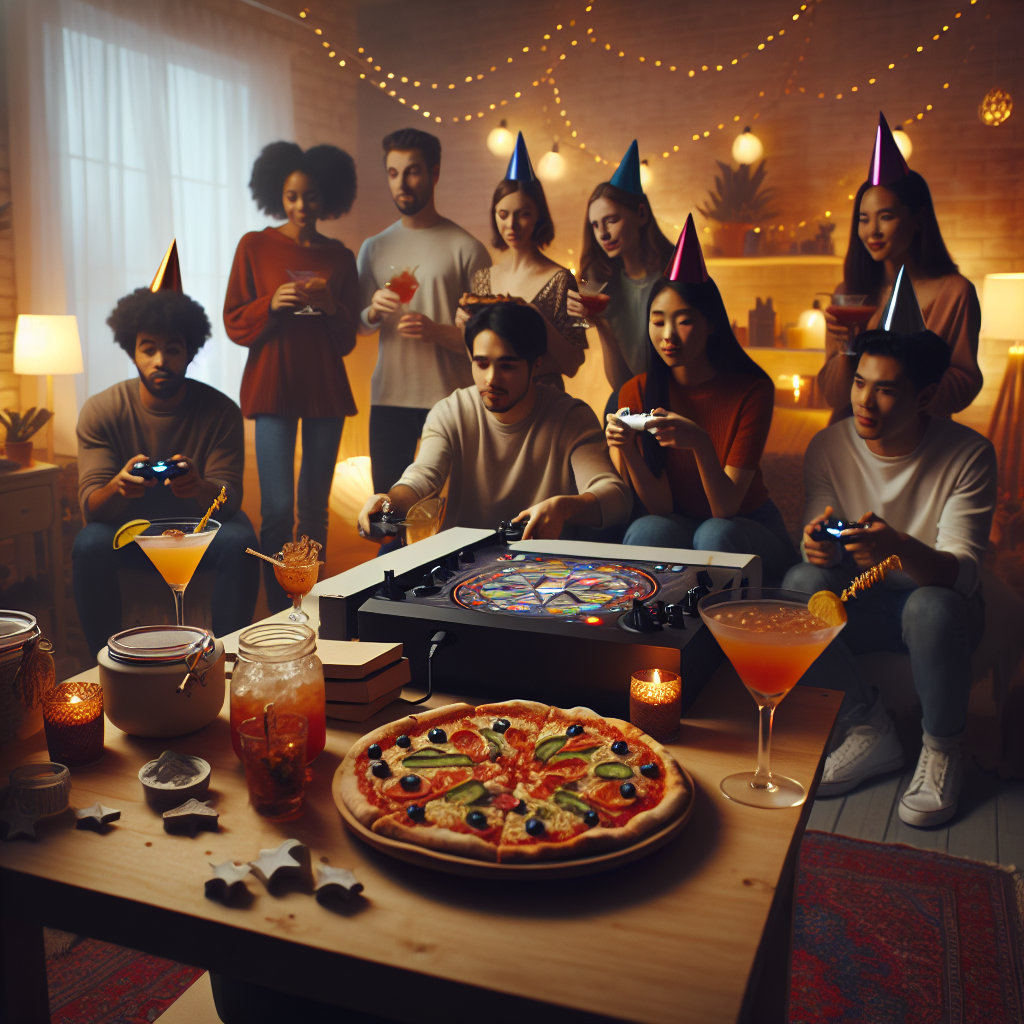 Imagine a down-to-earth, cute realistic birthday celebration in a small, dimly lit room filled with energy. A group of ethnically diverse friends, both male and female, gather around a gaming setup. The room is illuminated by the soft glow of string lights. On a table nearby sits a delicious looking pizza, sliced and waiting to be eaten during game breaks. Next to the pizza are unique cocktails, each adorned with a fun garnish. Decorations are minimal but charming, as they ensure the birthday festivities, the thrilling gaming experience, and the sound of clinking glasses are the focal points.
Generated with these themes: Pizza, Gaming, and Cocktails.
Made with ❤️ by AI.