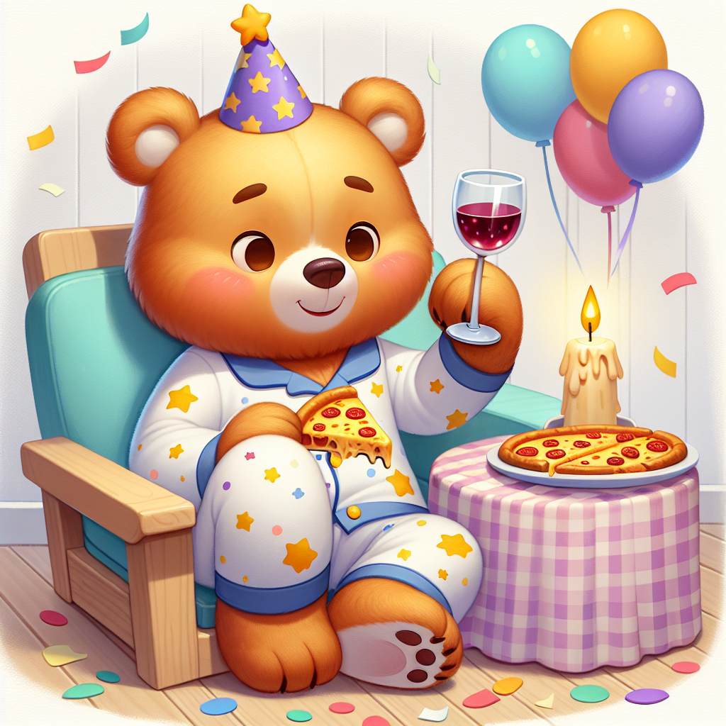 Create a charming image featuring a talesque bear character, clad in soft pyjamas adorned with stars. Delightfully seated at a party table, this cheerful character is shown with a slice of cheesy pizza in one paw, whilst offering a toast with a glass of red wine in the other. The scene is festively embellished with colorful party hats and confetti strewn about to depict a jovial birthday theme.
Generated with these themes: Bartholomew Bear , Pizza, Red wine, and Pyjamas .
Made with ❤️ by AI.