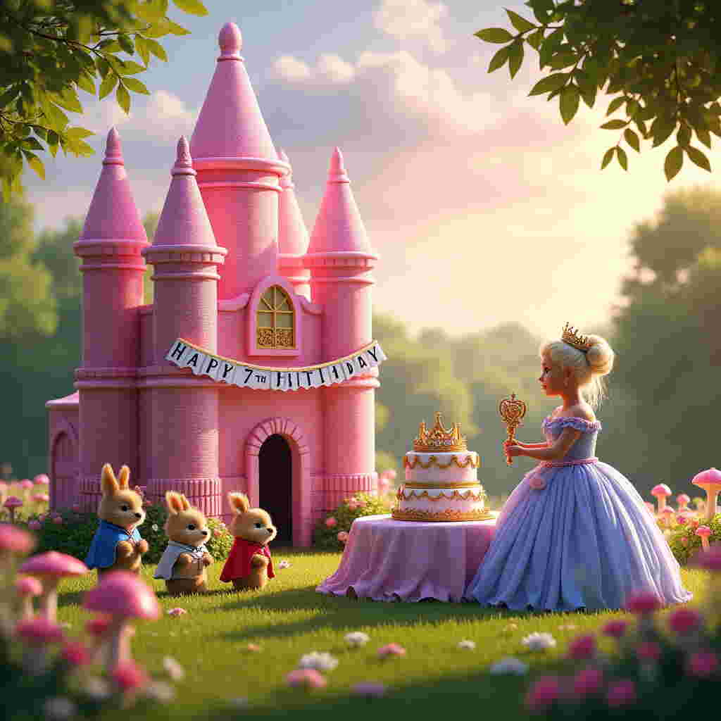 In this enchanting birthday card scene for Sophie, a magical kingdom unfolds in the lush greenery of Wimbledon Common, blending the whimsical charm of the Wombles with the sparkling allure of a princess and Barbie theme. The foreground is dominated by a magnificent, towering castle made of glittering pink candy bricks, each shimmering under the soft light of a golden afternoon sun. Its turrets are adorned with fluttering pastel banners spelling out "Sophie Happy 7th Birthday" in elegant cursive. Below, a vibrant meadow stretches out, dotted with colorful wildflowers and tiny toadstools that serve as stools for the gathered Wombles, who are donned in royal capes and crowns for the occasion. To the side, a life-sized Barbie dressed as a fairy-tale princess, complete with a flowing gown made of layered chiffon in hues of lavender and sky blue, extends a jeweled scepter toward Sophie’s name. A large, multi-tiered cake sits regally on a table set with golden cutlery, its icing designed with delicate sugar-crafted Womble figures and Barbie silhouettes. Above, fluffy clouds form a gentle heart shape, framing the scene as if nature itself were celebrating with Sophie. The backdrop is a soft blend of lilac and peach hues of a setting sun, adding a touch of magic to the joyous celebration.
Generated with these themes: 7th birthday, Princess, Barbie, and Wombles.
Made with ❤️ by AI.