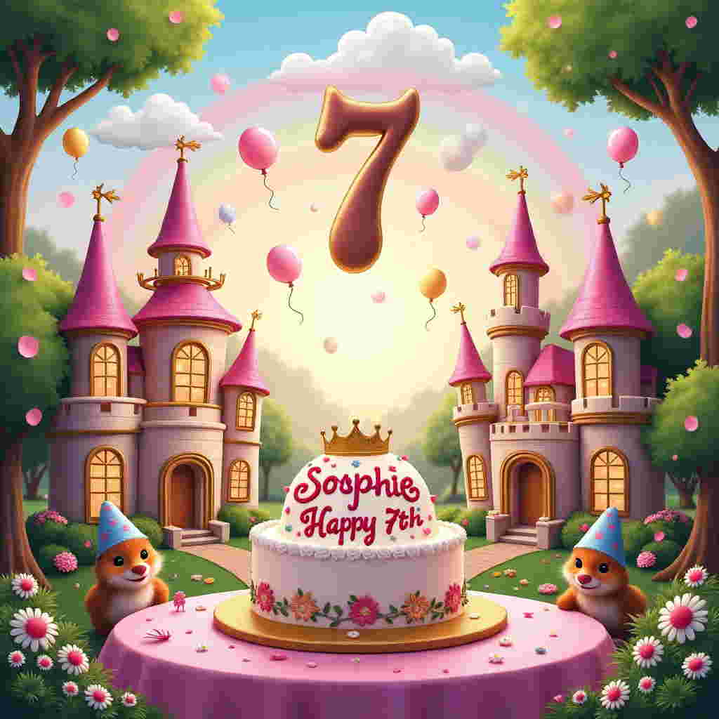 The front cover of this birthday greetings card bursts into a whimsical scene where fantasy meets nostalgia in a delightful mix of enchantment and joy. In the foreground, a grand pink-and-gold castle stands proudly with turrets adorned in sparkling fairy lights. The castle towers are shaped like Barbie doll houses, with windows displaying elegant miniature rooms filled with tiny wardrobes and tiaras. Around the castle, lush green trees are inhabited by charming Wombles, their iconic pointy noses and fuzzy fur peeking out playfully as they tend to tiny gardens filled with daisies and pansies. In the center, a grand, colorful cake topped with a tiara has been placed on a regal pink-and-purple table. The cake's frosting is shaped to spell out “Sophie Happy 7th Birthday” in elaborate, edible calligraphy. Floating above the scene, fluffy white clouds have been whimsically crafted into numbers, forming a large, visible "7" in the sky. Meanwhile, the sky transitions into a delicate pastel rainbow, with hues of pink and blue reminiscent of a princess’s dream. Balloons shaped like Barbie shoes and Womble hats float happily in the air, adding a final touch of magic to this enchanting birthday celebration.
Generated with these themes: 7th birthday, Princess, Barbie, and Wombles.
Made with ❤️ by AI.