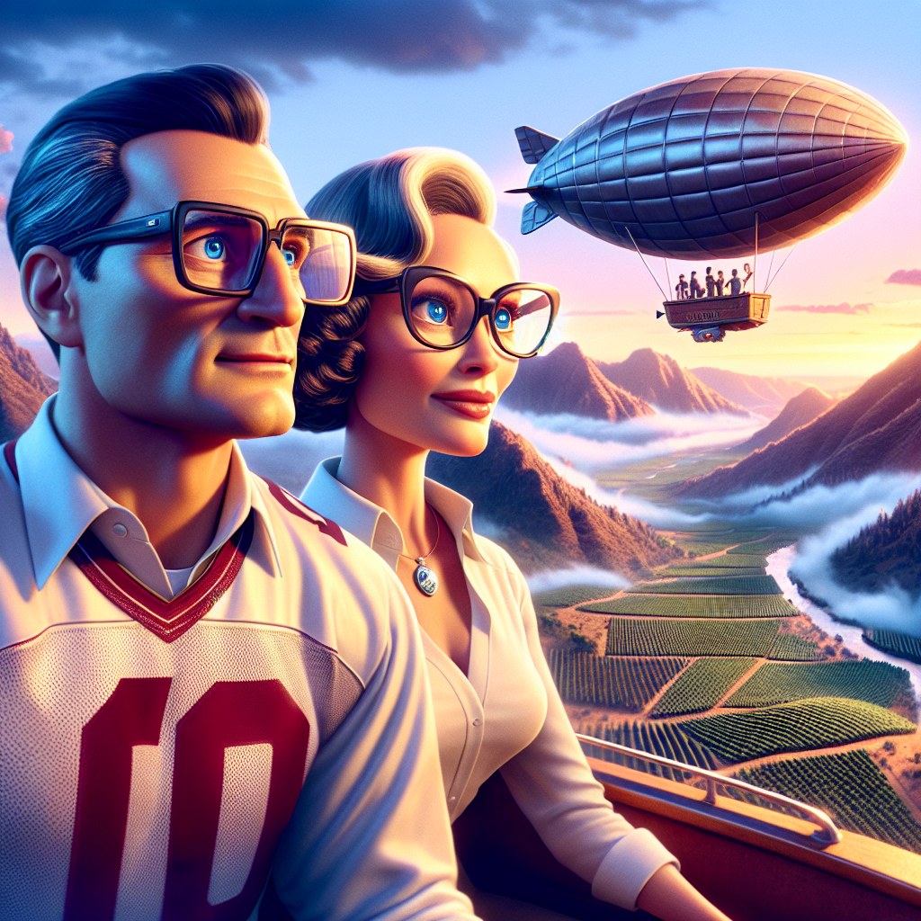 A 50-year-old Caucasian man with short black hair and glasses, and a 45-year-old Hispanic woman with a blonde bob and blue eyes embark on a adventure in a fantastical airship shaped like a football jersey, navigating a dreamlike mountain landscape. The hues of the setting sun catch in the man's glasses while the woman's eyes reflect a world where the natural and the imaginative fuse. This scene unfolds against a sweeping backdrop of animated-style vineyards scattered across mountains that extend into infinity, with rivers of wine flowing through them. This fantastical image captures the essence of their enchanting anniversary celebration.
Generated with these themes: 50 year old man, short black hair, green eyes, glasses, 45 blonde woman bob hair, blue eyes, and Mountains, wine and Liverpool FC, Pixar .
Made with ❤️ by AI.