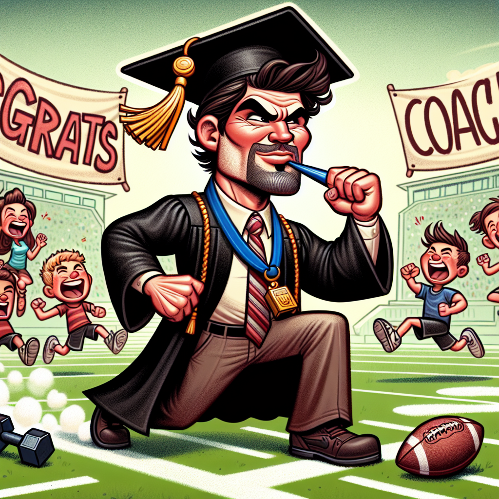 An amusing cartoon image illustrating a youthful, energetic brunette man of Hispanic descent, adorned in a graduation cap and gown. He has a whistle swaying from his neck and holds a diploma confidently. He is dramatically posed like a victor on a field, a chalk-drawn finish line beneath his feet. Nearby lie cartoonish dumbbells as distinct indicators of a physical education teaching background, along with a football. In the scene's background, there's a banner proclaiming 'Congrats, Coach!' and his cartoon students of various descents exuberantly celebrate his achievement with exaggerated facial expressions.
Generated with these themes: Young brunette, happy man, graduating with PE teaching degree.
Made with ❤️ by AI.
