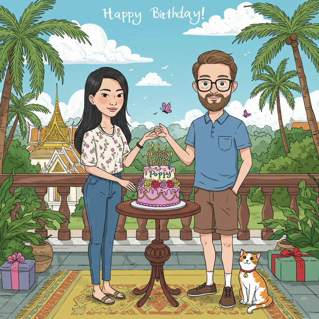 The front cover of this birthday greeting card is an exuberant, detailed, and vibrant scene that captures a birthday celebration with a touch of Thai romance and English charm, drawn in a style reminiscent of Norman Rockwell's detailed compositions and Quentin Blake's whimsical flair.

**Central Characters:**

1. **Thai Lady:** She stands gracefully to the left, her long, lustrous black hair cascading down her back. She is wearing a pair of fitted blue jeans and a white top, detailed with delicate floral embroidery in soft pink and lavender hues. Her posture is slightly angled towards the English man, suggesting they are sharing a moment. Her feet are adorned with simple, elegant sandals.

2. **English Man:** Positioned to the right, he is depicted in a casual, relaxed pose, wearing a smart blue shirt with the sleeves rolled up to the elbows, and brown shorts that end just above the knee. His light brown beard is neatly trimmed, and he sports stylish glasses. He is slightly taller than the lady, his arm gently reaching out towards her.

3. **White Cat:** The cat with ginger and black splodges is curled up playfully at the couple's feet, its striking red collar with a shiny bell gleaming. Its eyes are wide and mischievous, looking upwards, possibly at a butterfly or a floating balloon.

**Setting:**

- **Background:** The backdrop is an idyllic Thai setting, with lush green palm trees gently swaying in a warm breeze. In the distance, traditional Thai architecture with ornate golden detailing is partially visible, adding an exotic flair. The sky is a brilliant shade of azure with fluffy white clouds lazily drifting.

- **Foreground Elements:**
  - **Birthday Cake:** A tiered cake sits prominently on a small round table between the couple, decorated with colorful icing flowers and small candles ready to be lit. The top tier has "Poppy" written in elegant script, possibly in a vibrant magenta.
  - **Flowers:** Scattered around the scene are small clusters of tropical flowers in vivid oranges, yellows, and purples, enhancing the festive atmosphere.
  - **Banner:** Strung above the couple, a festive banner with small triangular flags in alternating patterns of blue and yellow flutters gently. The word "Poppy" appears again here, whimsically spelled out across a couple of flags.

The composition draws inspiration from the delicate yet expressive lines of Aubrey Beardsley and the detailed intricacy of Arthur Rackham, while the colors reflect the vivid palettes of Maxfield Parrish. This vibrant, picturesque scene invites the viewer to join in the joyous celebration, making it the perfect cover for a whimsical, heartfelt birthday greeting card.
Generated with these themes: Thai lady with long black hair, White cat with ginger and black splodges, Cat has red collar with bell, Slim handsome English man with light brown beard, Man has glasses, Birthday cake, Man is wearing blue shirt and brown shorts, Lady is wearing blue jeans, Romantic in thailand, and .
Made with ❤️ by AI.