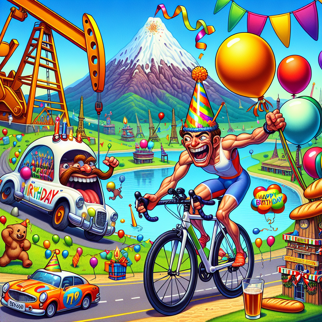 Create an image of a cartoon style birthday celebration. This lively occurrence shows a whimsical triathlete of South Asian descent, cycling intensely on a bike festooned with party streamers. This bike ride is taking place in a landscape adorned with colorful, animated oil rigs that have been creatively transformed into balloon stands. Landmarks from France such as the Eiffel tower, humorously shaped like a baguette, are incorporated into the setting. A cartoon car, showcasing a wide grin and clad with a gift bow, along with birthday greetings on its side, speeds through this vibrant scene. In the distant background, the grandeur of a mountain resembling Ben Nevis is amusingly personified as a Caucasian barkeeper, effortlessly decanting golden ale from a tap at its peak.
Generated with these themes: Triathlon, Oil rig, France, Tesla, Ben nevis, and Beer.
Made with ❤️ by AI.