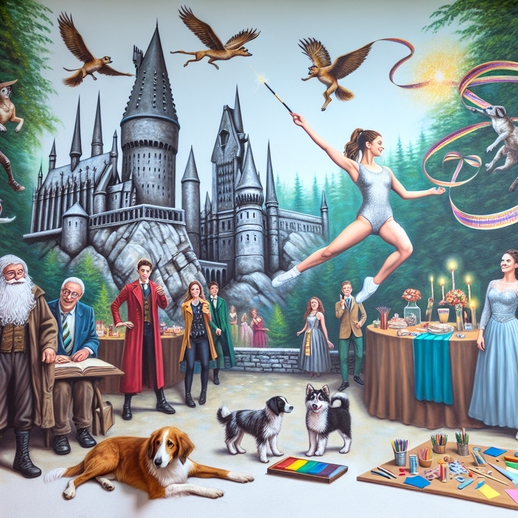 Imagine a captivating birthday celebration scene. One part of the lively scene depicts down-sized figures that resemble wizards performing magical tricks next to a brick-based towering fortress imitating the book-based wizard world. Close to this, there's a scene featuring skilled gymnast, of Spanish descent and female, skillfully leaping with a twirling ribbon. Adjacent to her, a table is depicted, overloaded with varied craft materials for guest interaction. In among these delightful sights, hounds of various breeds roam happily, adding to the playful atmosphere.
Generated with these themes: Lego, Harry potter, Gymnastic , Crafting, and Dogs.
Made with ❤️ by AI.