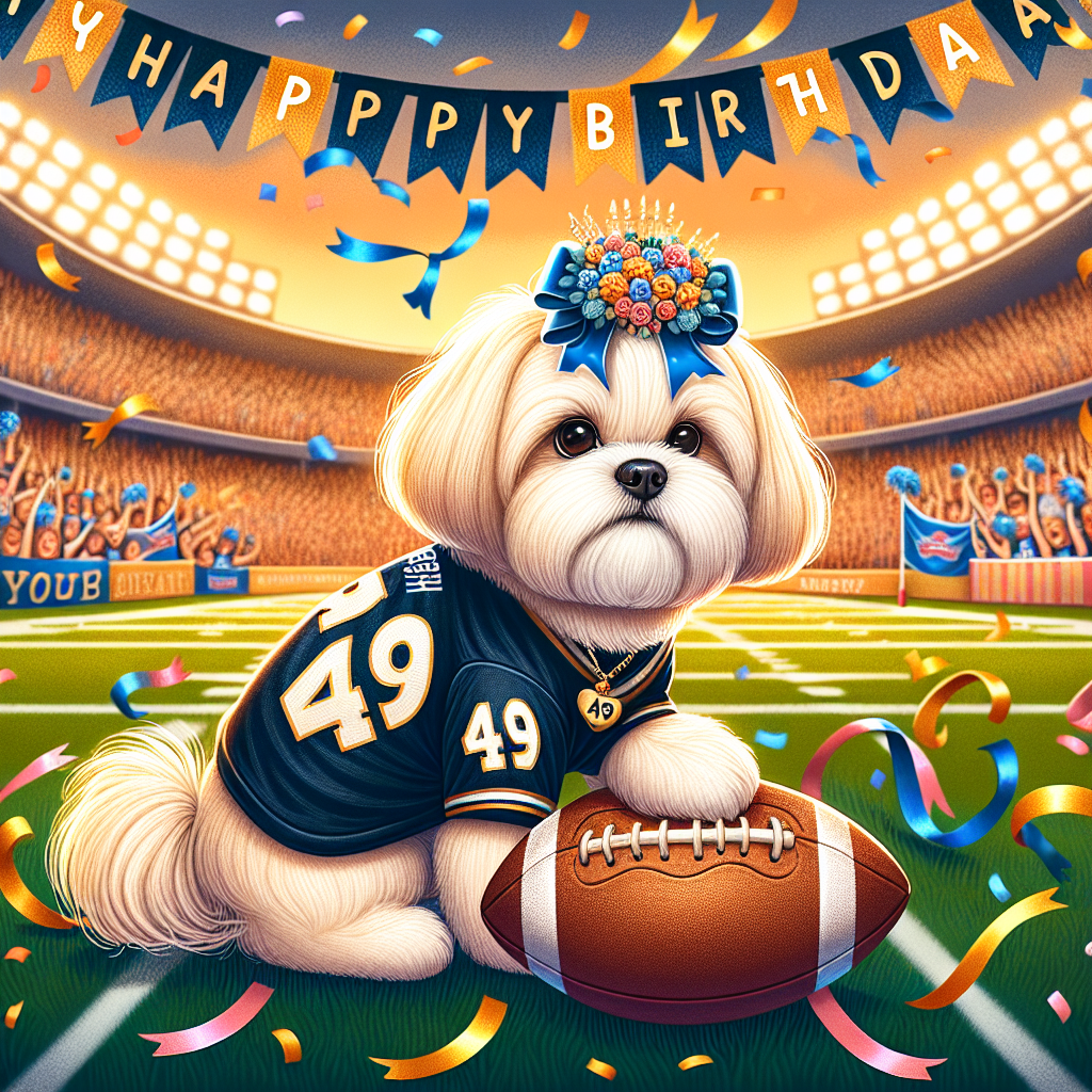 Create a whimsical, birthday-themed illustration. The center of this piece should be a charming cream-colored Malshi dog, wearing a navy-colored jersey with the number 49, engaged in a lively game of American football. The backdrop should emphasize a large stadium with numerous cheering fans of various descents and genders. Decorate the background with colorful banners fluttering in the wind, radiating a warm, festive atmosphere. The aura should be energetic, cheerful, and celebrative.
Generated with these themes: Cream malshi playing american football in a huge stadium wearing navy Jersey number 49.
Made with ❤️ by AI.