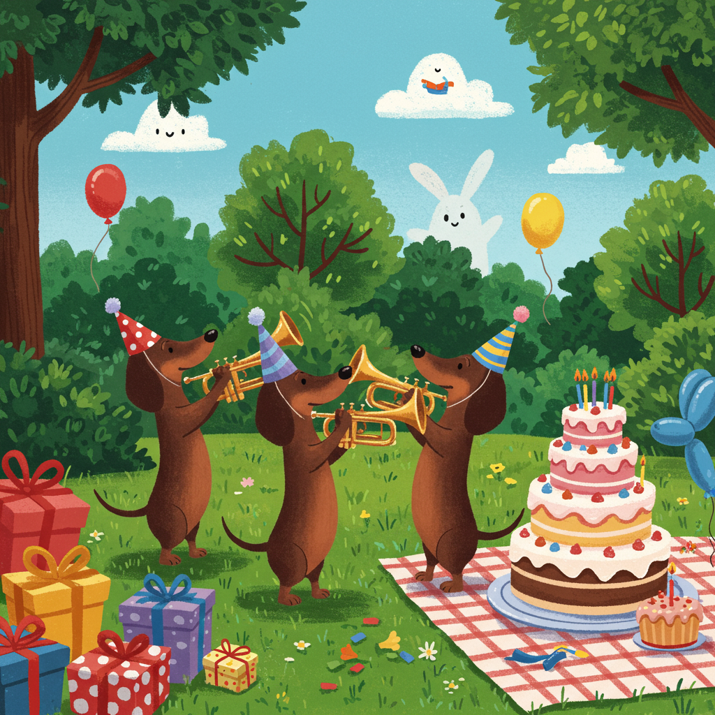 **Front Cover Illustration Description:**

Imagine a vibrant and lively birthday scene bursting with playful energy. In the foreground, a group of four dachshunds is gathered in a semicircle, each dog standing on its hind legs, holding a shiny, brass trumpet. The dachshunds have exaggeratedly long bodies and short legs, giving them a cartoonish, elongated appearance reminiscent of Charles Schulz's "Peanuts" and Bill Watterson's dynamic lines.

Each dachshund sports a brightly colored party hat adorned with a fluffy pom-pom on top. The hats come in red, blue, yellow, and green, echoing the bold, primary color palette often used by Hergé in "Tintin." The trumpets gleam in metallic gold, catching the light in a way that suggests they're mid-performance, as if they've just hit a high note in a jazzy tune.

The background is a vibrant park scene, filled with lush, exaggeratedly oversized trees with leafy canopies, akin to a playful landscape you might find in an Osamu Tezuka illustration. The sky above is a clear, cartoonish blue, dotted with a few fluffy, white clouds shaped like whimsical animals—perhaps a rabbit and a turtle, as a nod to Winsor McCay's imaginative "Little Nemo."

On the ground, scattered among the grass, are brightly wrapped gift boxes with oversized bows in polka dots and stripes, bringing to mind the detailed, humorous touch of Gary Larson's "The Far Side." Nearby, a cartoonishly large birthday cake sits on a checkered picnic blanket. The cake is multi-tiered, each layer adorned with decorative swirls and topped with vibrant candles that resemble tiny fireworks.

Off to the side, a couple of balloon animals float lazily into the air, casting shadows on the ground that stretch out like the elongated figures in R. Crumb's underground comix style. These balloon animals add a touch of whimsy and dimension to the scene, making it feel festive and full of life.

Overall, the scene combines the timeless, universally appealing simplicity of Walt Disney's early cartoons with the playful complexity of Art Spiegelman's innovative layouts, creating a card cover that's sure to bring a smile to anyone's face on their special day.
Generated with these themes: Group of Dachshunds playing the trumpet.
Made with ❤️ by AI.