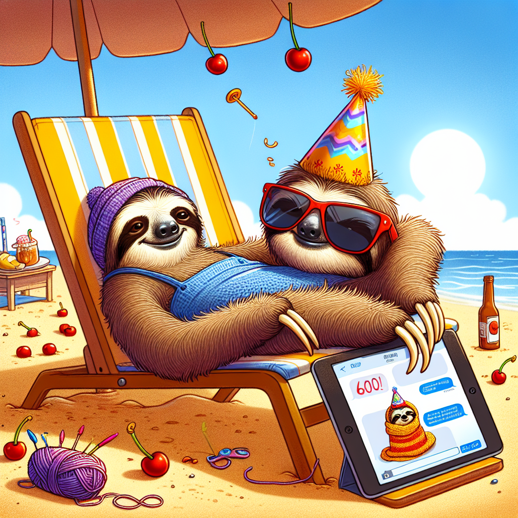 Illustrate a humorous cartoon of a laid-back sloth celebrating its 60th birthday on a sunny beach. This chill sloth sports sunglasses and a party hat and lounges comfortably in a beach chair. The sand underfoot is unexpectedly dotted with vibrant red cherries. Beside the sloth, a shiny tablet device shows virtual birthday greetings. On the sloth's lap, we see a half-completed baby garment comprised of a chaotic mix of yarn and knitting needles. It hangs over the side of the beach chair, adding a heartwarming touch to the party atmosphere.
Generated with these themes: Sloth, Beach, 60th, Cherries, IPad, Knitting, and Baby clothes .
Made with ❤️ by AI.