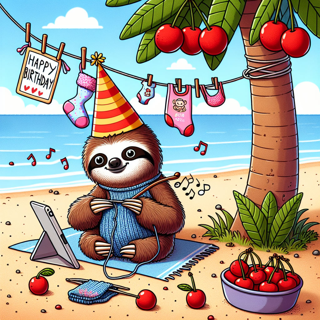 Envision a humorous scene set on a beach. There's a comically illustrated sloth wearing a party hat, celebrating its 60th birthday. The sloth is surrounded by small groups of ripe cherries scattered across the sandy terrain. A tablet leans against a neighboring palm tree, playing joyful birthday music. The sloth is comfortably engaged in knitting, exhibiting a sense of ease and tranquility during its party. A vibrant assortment of newborn clothing whimsically hangs from a line suspended between two trees, adding a delightful element to the sloth's noteworthy day.
Generated with these themes: Sloth, Beach, 60th, Cherries, IPad, Knitting, and Baby clothes .
Made with ❤️ by AI.