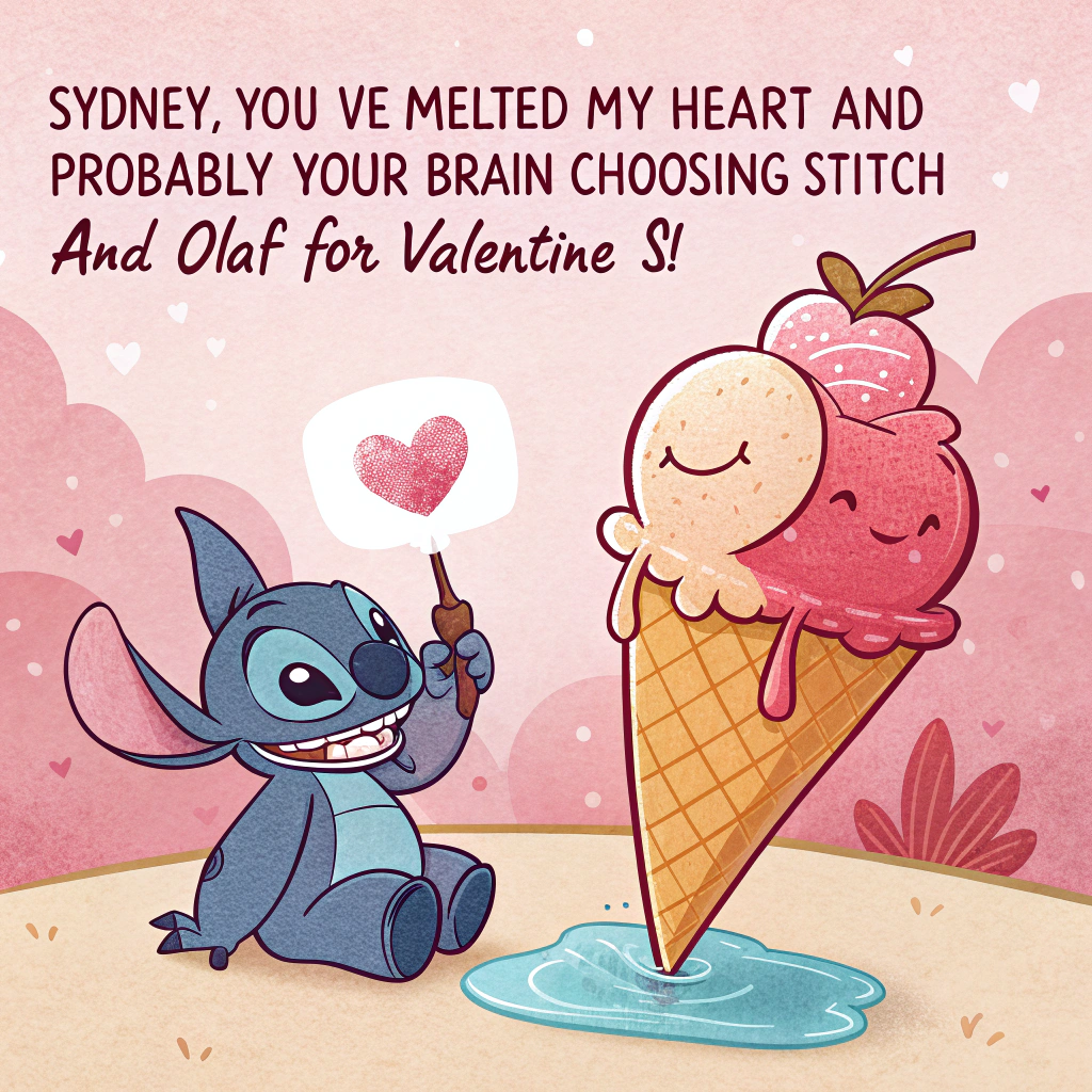 At the top of the image, "Sydney, you’ve melted my heart—and probably your brain—choosing Stitch AND Olaf for Valentine’s!"

- Depict Olaf (from Frozen) and Stitch (from Lilo & Stitch) sitting side by side on a giant heart-shaped snow cone. Olaf is cheerfully melting into a puddle, holding a little umbrella over himself, while Stitch is gleefully trying to eat the snow cone they’re both sitting on—his tongue stuck to it.

- Surround them with floating pink hearts, goofy expressions, and tiny Valentine's chocolates shaped like ice cubes and surfboards.

- Add at the bottom of the image, "Let’s stick together like frostbite and furballs, Valentine!"
Generated with these themes: olaf and stitch.
Made with ❤️ by AI.