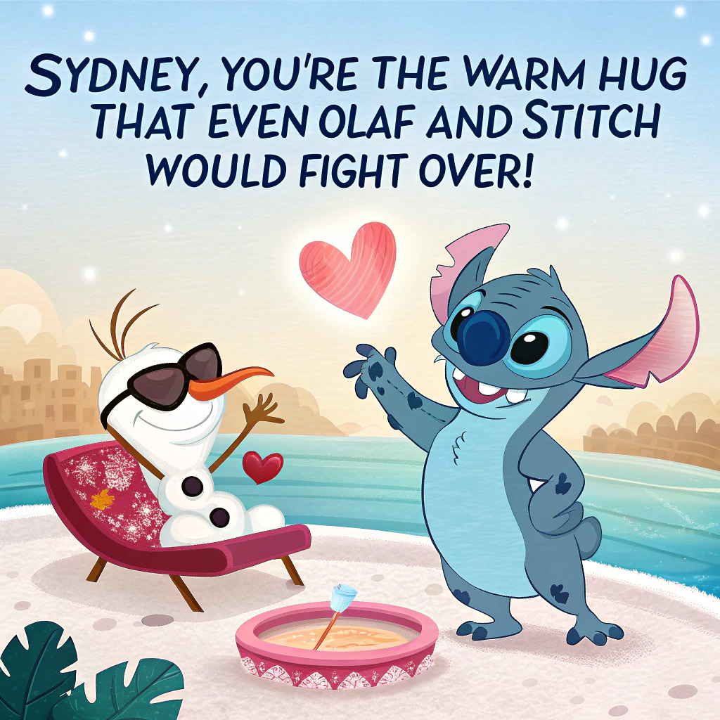 At the top of the image, "Sydney, you're the warm hug that even Olaf AND Stitch would fight over!"

- Depict Olaf (from Frozen) and Stitch (from Lilo & Stitch) in a cartoon-style snow-covered beach scene — Olaf wearing heart-shaped sunglasses, lounging in a tiny kiddie pool full of hot cocoa, while Stitch, in Valentine boxers and cupid wings, launches marshmallows at him from a heart-shaped slingshot.

- Both characters are clearly vying for Sydney’s attention — Olaf holds a handmade card reading "You're worth melting for, Sydney!" while Stitch clutches a boombox blaring Hawaiian love songs.

- Surround the scene with goofy Valentine-themed extras: dancing snowflakes with smiley faces, tiny alien critters popping out of chocolates, and love hearts stuck to surfboards.
Generated with these themes: olaf and stitch.
Made with ❤️ by AI.