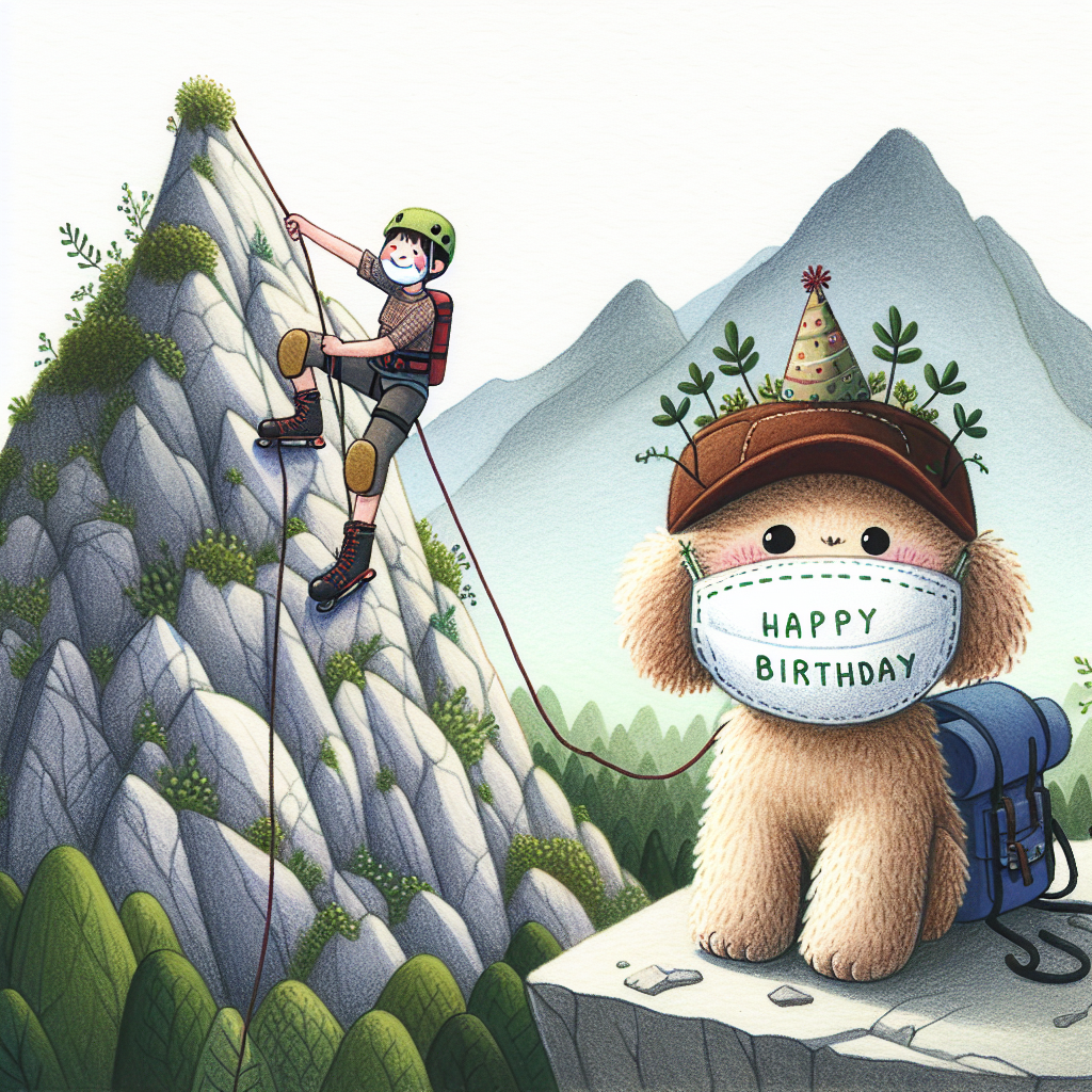 A whimsical birthday illustration presents a cheerful scene atop a majestic mountain. At the centre, a character of undefined gender and race is rock climbing, their smile visible above a playful mask adorned with tiny plants, suggesting awareness for health safety. Close by, a fluffy brown domestic cap sits wearing a tiny birthday hat, positioned on a ledge, next to a backpack, signifying a love for travelling. The background is sparsely populated with lush greenery, conveying the theme of nature and adventure.
Generated with these themes: rock climbing, travelling, mountains, fluffy brown cat, plants covid mask.
Made with ❤️ by AI.