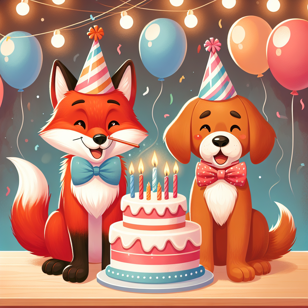 Create a birthday-themed illustration that conveys joy and companionship. Picture a red fox wearing a festive party hat and a red Labrador sporting a cute bow tie, celebrating together. They stand next to a table adorned with a birthday cake which is ablaze with lit candles. The background is decorated with strings of lights and floating balloons.
Generated with these themes: Fox red labrador.
Made with ❤️ by AI.
