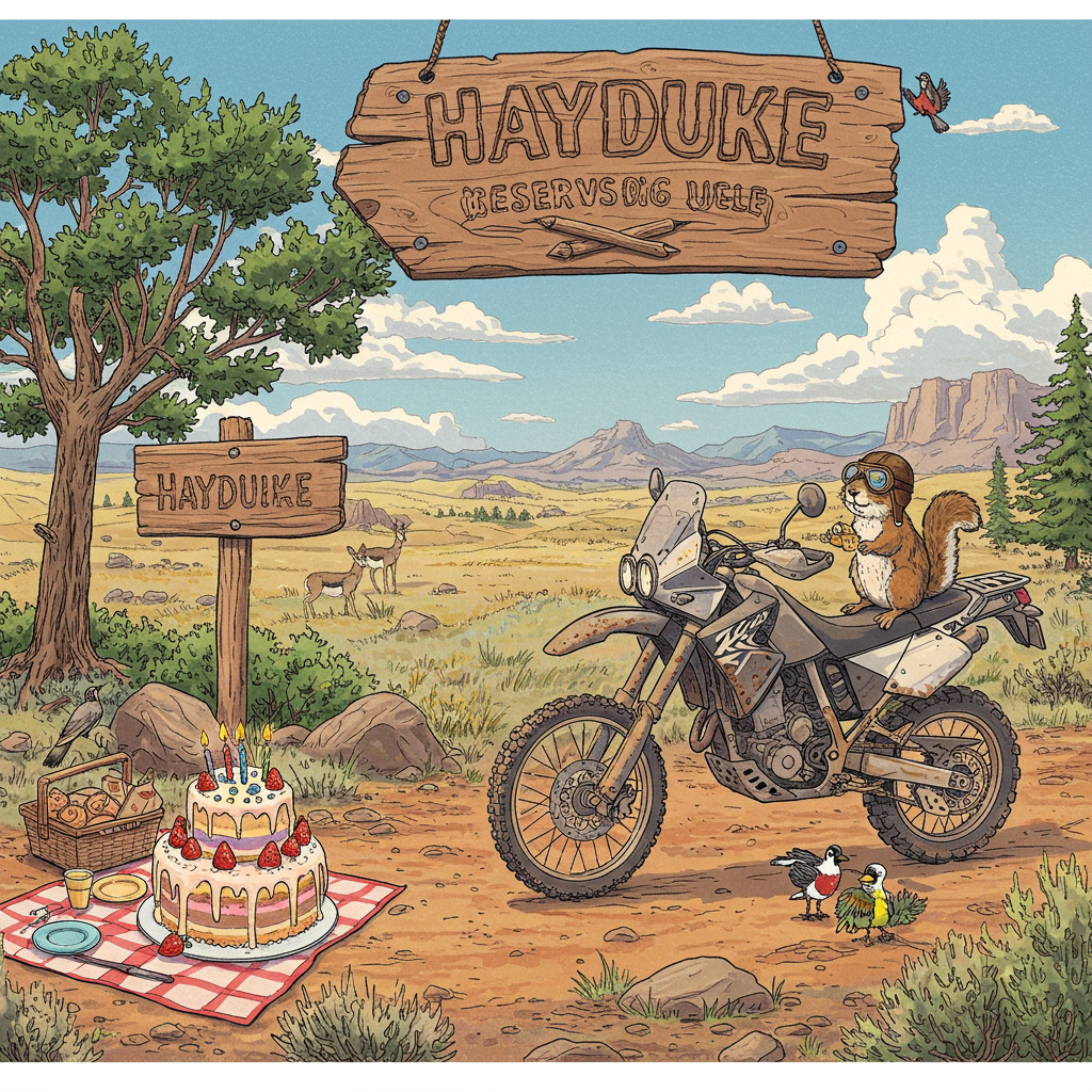 The front cover of the greeting card will feature a lively, detailed scene bursting with action and humor. Imagine a wide, panoramic view of Eastern Oregon's rugged outdoor landscape with a sweeping vista of rolling hills, rocky outcrops, and distant mountain ranges. The colors will be vibrant and earthy: sun-baked ochres, deep greens, and bright cerulean skies with wisps of white clouds scattered throughout.

In the foreground, a dual sport motorcycle is parked on a dusty trail. The bike is sketched with precise detail, showing its knobby tires and robust frame, suggestive of its readiness for both on-road and off-road adventures. The metallic parts shimmer under the sunlight, depicted in shades of silver and black, contrasting with the dirt-caked on its lower parts. Perched on the seat is a playful squirrel, wearing oversized goggles and a leather aviator cap, one paw gripping the handlebars, looking poised for an adventure.

To the left of the motorcycle, a small picnic scene is set up. There's a vibrant, red-and-white checkered picnic blanket spread out on the ground. On it, a whimsical, three-tiered birthday cake stands proudly, adorned with tiny edible motorcycle figurines racing up its frosting trails. Each layer of the cake is a different color – pastel blue, pink, and yellow – with vibrant red strawberries and delicate white icing swirls.

To the right, a group of cartoonish birds is gathered around a rustic wooden signpost sticking out of the ground, its wood grain meticulously illustrated. The sign reads "Hayduke" in an exaggerated, looping font, carved into the wood and colored in a deep forest green.

The background features sparse, twisted juniper trees and scattered sagebrush bushes, drawn with intricate line work. In the far distance, small herds of antelope can be spotted grazing, their forms rendered with careful attention to their grace and natural movement.

Above, a large, whimsical sun peeks over the horizon, its rays playfully reaching down to touch the scene. The sun's face is sketched in a friendly, cartoonish style, complete with twinkling eyes and a cheeky grin, adding an extra layer of charm to the illustration.

This engaging and richly detailed scene merges the humor of Quentin Blake's lively characters with the lush, narrative backgrounds of N.C. Wyeth, offering a birthday greeting card that captures the essence of adventure, celebration, and the quirky charm of the outdoors.
Generated with these themes: Dual sport motorcycle outdoors in Eastern Oregon.
Made with ❤️ by AI.