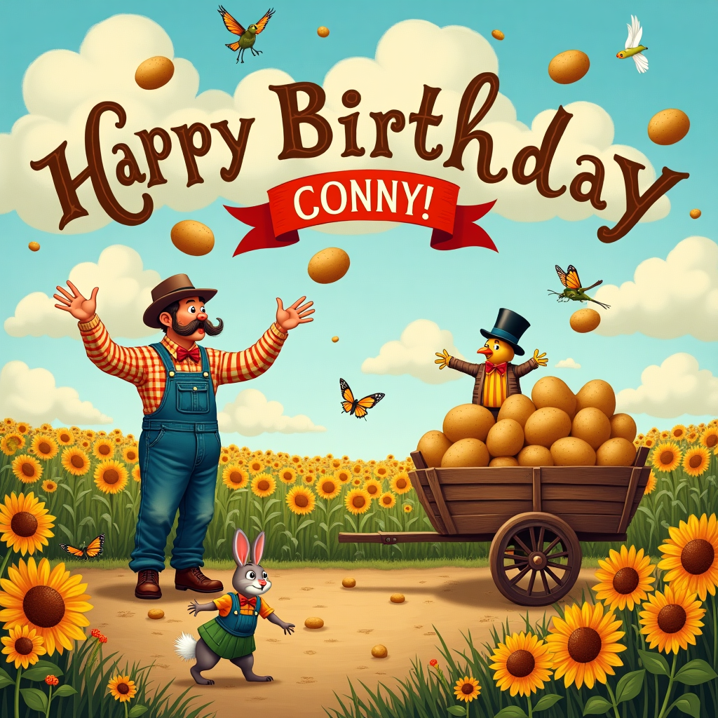 The scene for Conny's birthday greeting card unfolds on a rustic potato farm, painted with whimsical and intricate details inspired by a mix of beloved illustrators. At the center, an old-fashioned potato farmer, with a bushy mustache and overalls patched with colorful fabric, is joyfully throwing potatoes into the air like a juggler. The potatoes, each with comical faces and limbs, seem to dance in mid-air, laughing and playing in a jubilant potato parade. Nearby, a friendly scarecrow dressed in a top hat and bow tie holds a bright red banner that reads "Happy Birthday, Conny!" in bold, looping script reminiscent of Beatrix Potter's charming handwriting.

In the background, fields stretch towards the horizon, dotted with potato plants whose leaves seem to rustle with laughter. A whimsical, oversized potato cart with wheels made from giant spud halves sits next to the farmer, filled to the brim with more animated potatoes cheering on their fellow airborne spuds. Overhead, the sky is a brilliant canvas, where fluffy clouds have formed the letters "C-O-N-N-Y" in a swirling, Gustave Doré-like cloudscape. A flock of birds flies through, adding to the lively atmosphere, their feathers mirroring the colors of a rainbow as they form an arc above the scene.

In the foreground, a curious rabbit in a tiny vest, straight out of a Maxfield Parrish illustration, peers from behind a cluster of wildflowers, watching the potato antics with wide eyes. All around, butterflies and bees flit between sunflowers that stand tall like sentinels, their heads nodding gently in the breeze. This birthday scene combines the playful storytelling and intricate artistry, creating a vibrant tapestry that celebrates Conny's special day with potato-themed revelry.
Generated with these themes: Potato Farmer.
Made with ❤️ by AI.