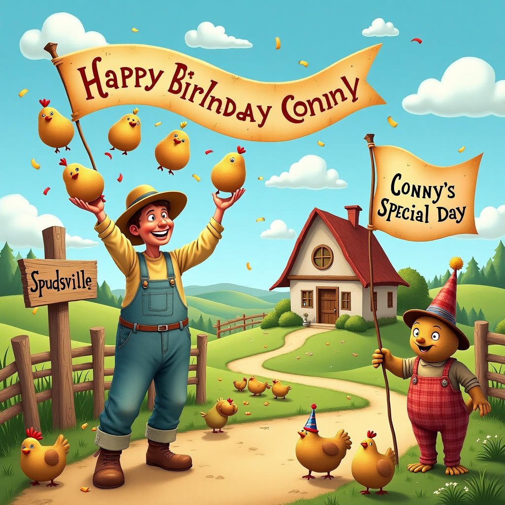In this imaginative birthday scene, we find ourselves on a whimsical potato farm set amidst a vibrant and magical landscape. The farm is nestled in a lush, green countryside with rolling hills that echo the charm of a Beatrix Potter tale, combined with the humor of a Quentin Blake illustration. In the center of the scene, an eccentric farmer, wearing a broad-brimmed straw hat and overalls covered in dirt, is jubilantly juggling an assortment of potatoes, each one with a different expression—one winks, another smiles widely, and a third has its tongue out in playful mischief.

To the left, a wooden signpost made of weathered planks stands near a rickety fence, its carved letters humorously spelling out “Spudsville” with an arrow pointing to the farmhouse. The farmhouse itself, rustic and slightly askew, has been festively decorated with a large banner that stretches across its roof. The banner reads "Happy Birthday Conny" in colorful, potato-shaped letters that seem to cheerfully dance in the gentle breeze.

In the foreground, a curious and cheeky scarecrow with a mismatched patchwork coat and a battered top hat waves a tattered flag bearing the words “Conny’s Special Day” in bold, scribbled handwriting. Beside the scarecrow, a small flock of chickens, each wearing tiny party hats, peck around at the ground, occasionally stopping to gaze curiously at a pile of confetti and balloons scattered across the farmyard.

To complete the scene, the sky is a radiant blue, painted with fluffy clouds that seem to have taken the form of happy potatoes and one special cloud that floats above, shaped unmistakably into the name "Conny" as though the heavens themselves are wishing her a joyful birthday. This charming tableau blends the earthy essence of a potato farmer's life with the fanciful touch of a storybook illustration, making for a delightfully unique birthday card cover.
Generated with these themes: Potato Farmer.
Made with ❤️ by AI.