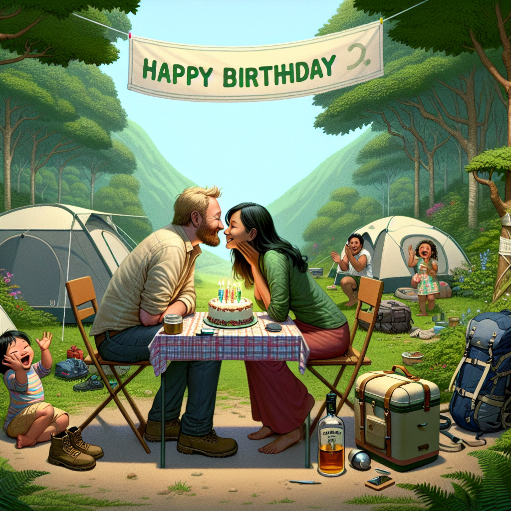 Imagine a birthday-themed illustration set in nature. The primary focus is a meticulously maintained campsite nestled underneath a verdant canopy of trees. A South Asian family is depicted in a heartwarming scene. The mother, with a gentle smile, is giving a peck on the cheek to her husband who is Caucasian. Their biracial baby bursts into claps of joy, adding to the celebratory atmosphere. Nearby, a small table is prepared with a festive birthday cake and a decanter of whisky, symbolizing a cheers to the husband's new age. An organized backpack and a pair of hiking boots have been temporarily set aside, suggesting the adventurous nature of the husband's personality and signifying a break in their hike to celebrate this momentous event. The entire depiction underscores the man's love for both family and adventure.
Generated with these themes: Wife, baby, whisky, hiking, being tidy.
Made with ❤️ by AI.