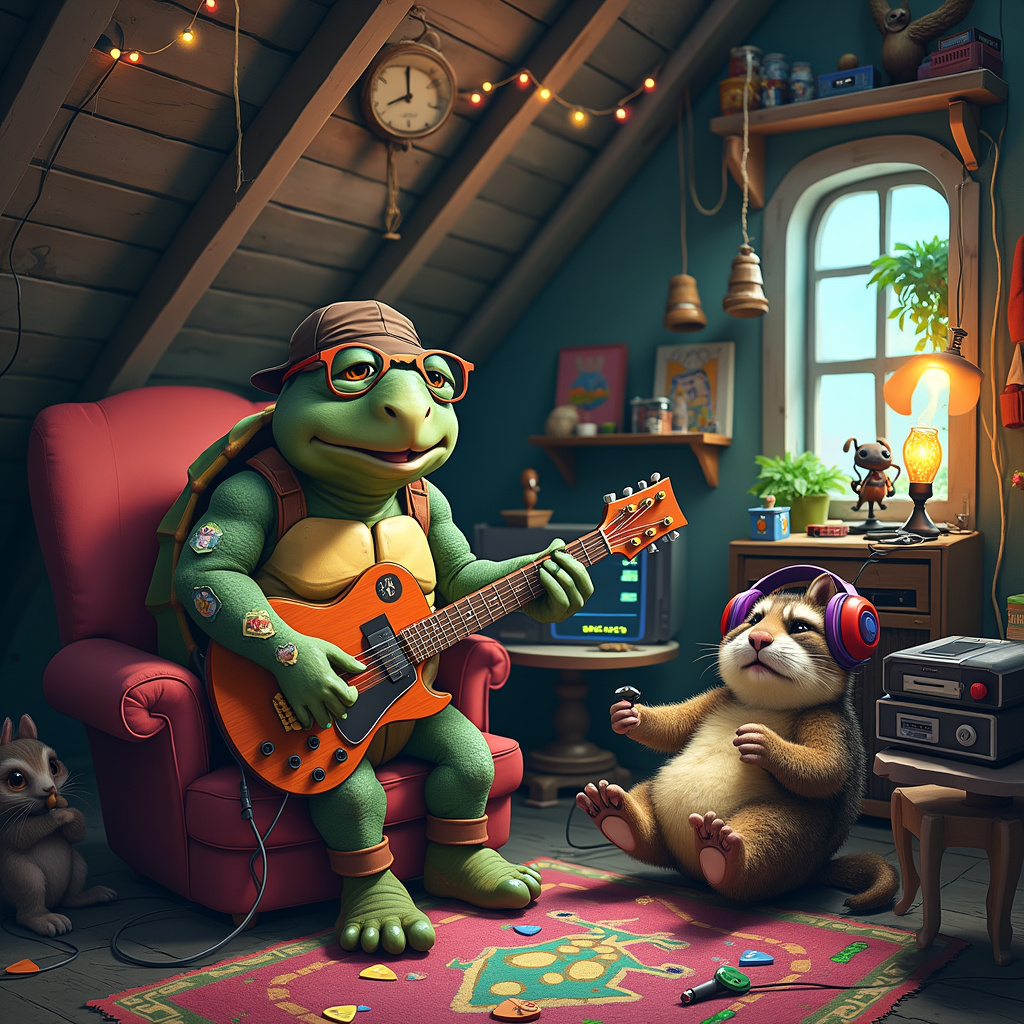 In the bustling heart of a whimsical attic, under the slanted wooden beams festooned with cobwebs and old fairy lights, sits an elderly tortoise wearing round spectacles perched delicately on his nose, strumming an electric guitar. His shell, polished to a sheen, is adorned with colorful stickers of 8-bit game characters. Around him, an audience of critters gather: a raccoon with a baseball cap turned backwards, fervently tapping away on a retro arcade console that hums with glowing pixelated aliens; a lanky, bespectacled rabbit tapping his foot in time with the music while holding a joystick, engrossed in a vintage screen suspended mid-air with cables and wires that seem to stretch into infinity. In the foreground, an old, overstuffed armchair hosts a sleepy, rotund hedgehog wearing oversized headphones, balancing a joystick on his belly, the cord snaking lazily down to an ancient, beloved gaming console resting on the floor. Scattered around are gaming paraphernalia: a shelf filled with cassette tapes of retro game soundtracks, a lava lamp with glitter swirling hypnotically, and a small stack of dusty game cartridges forming a precarious tower. The floor is littered with guitar picks, some caught between the threads of a colorful rag rug depicting an elaborate, hand-stitched level from an old platform game. A broken cuckoo clock on the wall has been humorously modified, with its bird now a tiny, pixelated dragon popping out to the strum of the guitar, marking the passage of 'gamer time'. This delightful scene captures the eclectic intersection of music and gaming, where nostalgia meets the whimsical charms of an attic hideaway.
Generated with these themes: Playing guitar, and Computer games.
Made with ❤️ by AI.