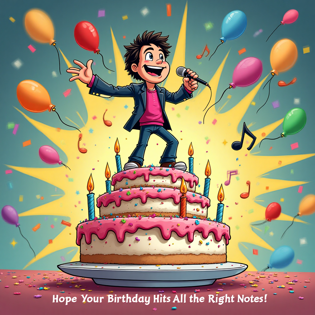**Image Prompt:**

Create a vibrant and playful cartoon scene featuring the iconic singer Paul Young. Picture him mid-performance, standing triumphantly on top of an enormous, whimsical birthday cake. The cake should be an eye-catching spectacle with multiple tiers, each adorned with colorful frosting, sprinkles, and oversized candles, some comically tilted and dripping wax. Paul Young is depicted in exaggerated cartoon style, wearing his signature 80s outfit with a microphone in hand, belting out a tune with a beaming smile and wide-eyed expression.

The background is a lively burst of confetti and balloons in various shapes, adding to the celebratory atmosphere. Surrounding the cake are cartoon-style musical notes dancing in the air, symbolizing the song he's passionately singing.

In the bottom right corner, a cheeky caption reads: "Hope Your Birthday Hits All the Right Notes!"
Generated with these themes: Singer Paul Young singing on top of a Birthday cake, and .
Made with ❤️ by AI.