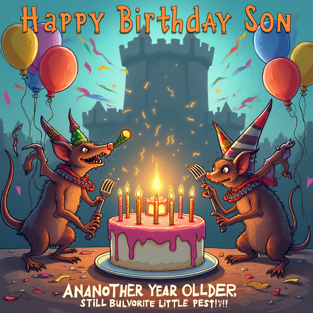 At the top of the Cartoon Style image, include the text: "Happy Birthday Son"

---

**Image Description:**

In a whimsical, vibrant cartoon style, a scene from the Warhammer universe unfolds with a funny twist. A band of mischievous Skaven, the rat-like creatures, are gathered around a giant, brightly colored birthday cake. The Skaven are dressed in comical party hats and wield oversized forks and knives, ready to dig into the cake. One particularly exuberant Skaven is joyously blowing a party horn, its tail wrapped around a balloon with the number "12" on it.

In the background, a towering Warhammer fortress is humorously adorned with streamers and balloons, as though a surprise party has taken over the usually grim setting. The Skaven, known for their devious nature, are clumsily attempting to light the candles with sparklers, adding a touch of chaos to the celebration.

At the bottom of the image, in a playful, cartoonish font, the text reads: "Another Year Older, But Still Our Favorite Little Pest!"
Generated with these themes: Warhammer Skaven , and .
Made with ❤️ by AI.