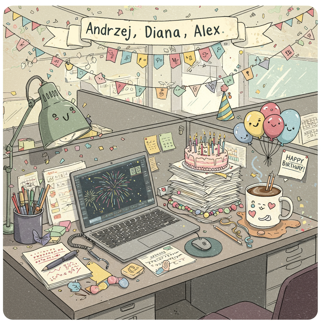 In the foreground of the card, imagine a lively office desk transformed into a whimsical birthday party scene, capturing the essence of a modern workspace with a touch of quirky charm. The desk is cluttered with a mix of office supplies and birthday party items. 

A sleek laptop, its screen displaying a festive digital fireworks display, sits open at the center. Beside it, a classic black rotary telephone is wrapped with colorful party streamers and confetti. A stack of papers, skillfully transformed into a towering tiered birthday cake, is adorned with lit candles and topped with a small, cheeky paperclip sculpture holding a miniature "Happy Birthday" flag.

On the right side, a coffee mug, splashed with bright pastel colors, overflows with an array of vibrant jellybeans instead of coffee. Perched atop the rim, a tiny figure of a paperclip man, a nod to Microsoft's Clippy, waves a miniature balloon bouquet.

Suspended above this office-birthday fusion is a garland of office supplies—tiny paperclip chains, stapler confetti, and Post-it note flags—draped from the edges of the cubicle wall. The banner in the background reads, "Andrzej, Diana, Alex" in playful, handwritten-style font, each name adorned with a tiny doodle like a smiling sun, a doodled heart, and a quirky little cloud.

The background features a gently sketched cubicle backdrop, with muted pastel colors reminiscent of a storybook world. A cheerful pattern of whimsical doodles, including tiny spreadsheets, pens, and birthday hats, dance across the background. The scene is detailed with delicate cross-hatching and intricate linework, echoing the styles of Edward Gorey and Aubrey Beardsley, with a touch of Quentin Blake's lively line style.

The overall palette is a harmonious blend of soft pastel hues—blues, pinks, and yellows—accentuated by the bold, colorful elements of the birthday accessories, creating a dynamic and visually engaging scene.
Generated with these themes: Microsoft office.
Made with ❤️ by AI.