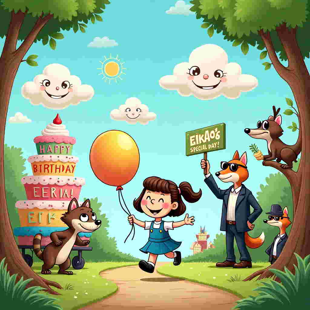 In this whimsical birthday scene, imagine a quirky park bustling with vibrant activity. At the center is a cheerful girl, reminiscent of a Peanuts character, with exaggerated features—a large round head and tiny limbs. She's joyously skipping with a balloon tied to her wrist, which happens to be shaped like an oversized cupcake. The balloon has a big, smiling face and googly eyes, giving it an animated personality. 

Surrounding her, a mix of cartoon animals are throwing a surprise party. On the left, a raccoon, sporting a tiny party hat and grinning mischievously, is sneakily pushing a large cake on a small, rickety cart. The cake is a tower of colorful layers with frothy icing spilling over the edges, and the words "Happy Birthday Erika!" are emblazoned across it in frosting, each letter a different candy color. 

Above, fluffy clouds shaped like various animals float lazily in a bright blue sky. One cloud has formed into the shape of a smiling cat, and its whiskers are outlined by the glistening sun. The sun itself wears oversized sunglasses, looking like it stepped out of a Gary Larson cartoon. 

To the right, a small group of anthropomorphic trees, with arms and faces, are clapping their leafy hands, while a squirrel, dressed in a tuxedo, plays an impromptu birthday tune on a tiny piano. On a tree branch, a cartoonish bird is holding a banner with its beak that reads "Erika's Special Day!" in bright, glittering letters, and is fluttering in the gentle breeze.

In the background, you can see a small group of Hergé-inspired adventurers peering through binoculars, completely baffled by the playful spectacle before them. It's a scene brimming with animated joy and delightful chaos, ready to bring a smile to Erika's face.
Generated with these themes: Funny girl.
Made with ❤️ by AI.