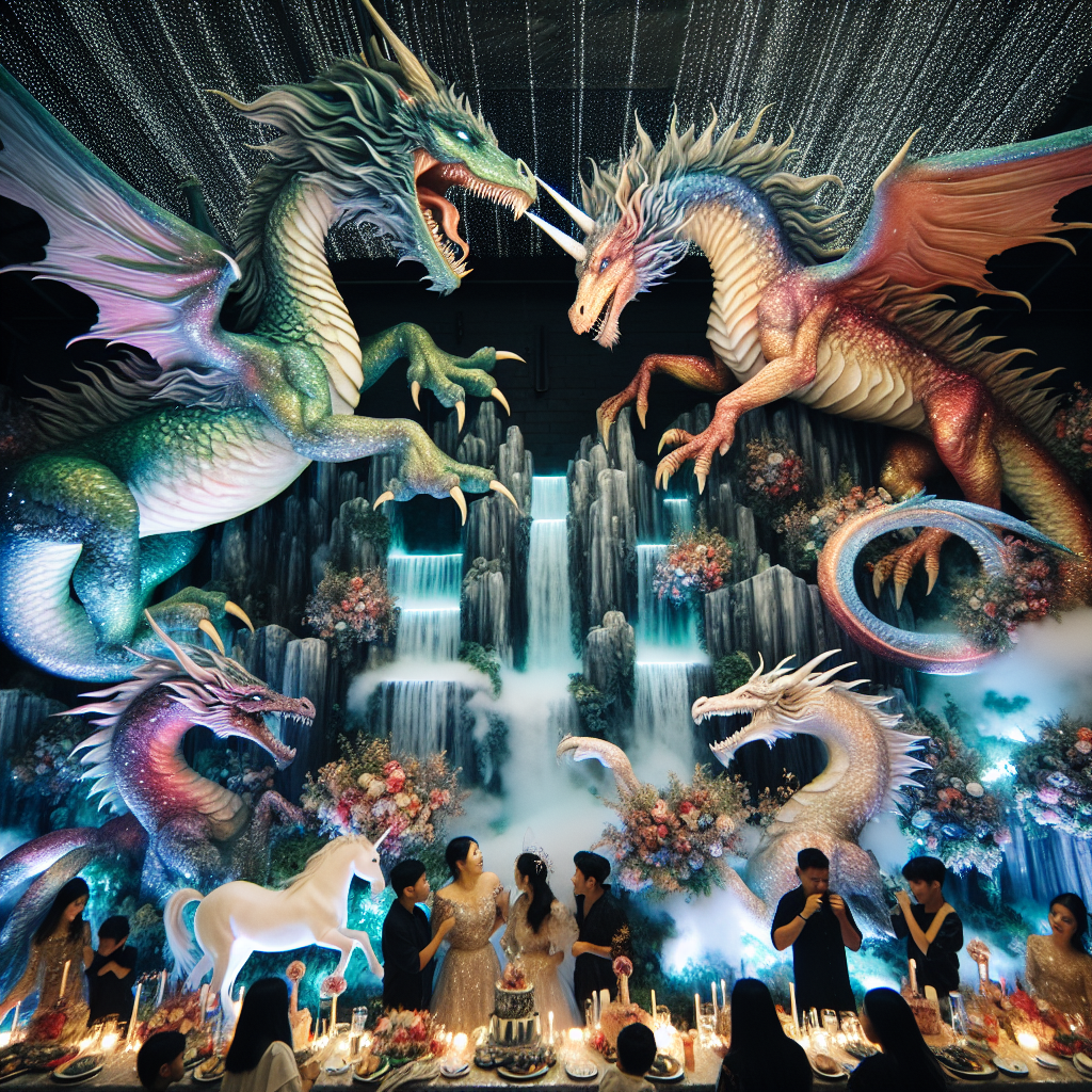 A birthday celebration that elegantly blurs the line between surrealism and reality, decorated with touches of fantasy. A pair of dragons, their bodies entwined, symbolize soulmates; their scales glisten with various hues, creating a mystical ambiance. The guests watch in awe as a unicorn struts among them, its mane dispersing glitter with every movement. Dominating the backdrop of this extraordinary assembly is a majestic waterfall, its cascading waters seemingly pulsating with life, giving off an otherworldly feel.
Generated with these themes: Dragon soul mates , Unicorn, and Waterfall.
Made with ❤️ by AI.