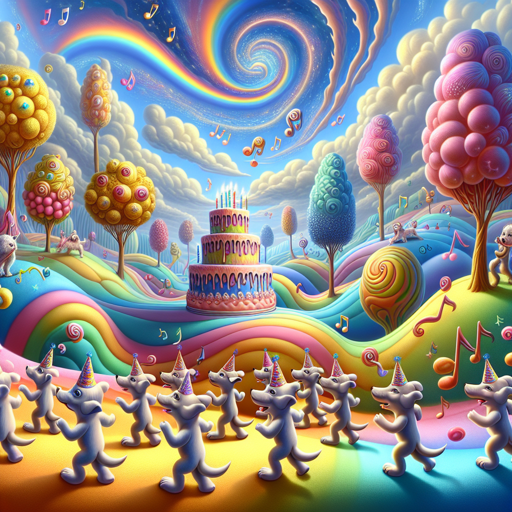 A fancifully surreal cartoon birthday setting unfolds where humanoid puppies of various descents and genders, wearing festive hats, harmonize in a celebratory chorus. Amidst bright, undulating hills punctuated by comically oversized, confectionery-like trees, an immense cake ambles along on delicate feet, leaving a trail of twinkling sparkles. The sky bursts with a vision of swirling colors as musical notes visibly waltz through the atmosphere, augmenting the scene's visual symphony.
Generated with these themes: Singing, Walking, Puppies, Cake, and Hills.
Made with ❤️ by AI.