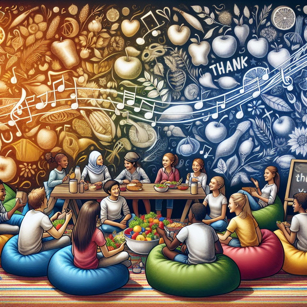 A warmly inviting classroom environment overflowing with bright, artistic sketches. Seated leisurely on bean bags, a joyous collection of students from diverse descents including Caucasian, Middle-Eastern, Black, South Asian, and Hispanic, are engaging with each other over an assortment of nutritional foods. The scene is set against the background of a subtle melody, represented by musical notes hovering in the air. Further, a huge blackboard displays the words 'Thank You' in bold, exuberant script, complemented by heartfelt messages of appreciation by students of all backgrounds.
Generated with these themes: School, Food, Music, and Bean bag .
Made with ❤️ by AI.
