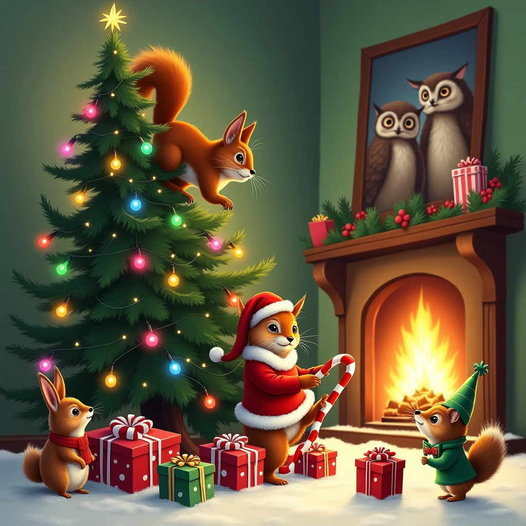 The scene unfolds in a cozy, snow-dusted living room, where a Christmas tree stands at an angle, nearly tipping over due to the weight of an exuberant squirrel dressed in a tiny Santa suit. This squirrel, with its bushy tail protruding like a comical plume, is tangled in a string of blinking, multicolored Christmas lights that snake through the tree’s evergreen branches. Beneath the tree, a band of mischievous woodland creatures is in full swing, engaged in their own version of Christmas festivities. To the left, a rabbit in a miniature red scarf is attempting to balance a precarious stack of Christmas presents, each wrapped in eccentric patterns of polka dots and stripes. On the right, a hedgehog wearing a pointy elf hat clutches a candy cane that's almost as tall as he is, while his friend, a dapper little fox sporting a bow tie, is busy arranging delicate glass ornaments on the tree, despite the chaos above. In the background, a portrait hangs askew on the wall, showing a stern-looking family of owls in Victorian attire, their wide eyes seemingly rolling at the antics unfolding before them. The fireplace crackles warmly, casting flickering shadows that dance across the scene, highlighting the cozy pandemonium of this merry, animal-filled holiday celebration.
Generated with these themes: Christmas tree, and .
Made with ❤️ by AI.