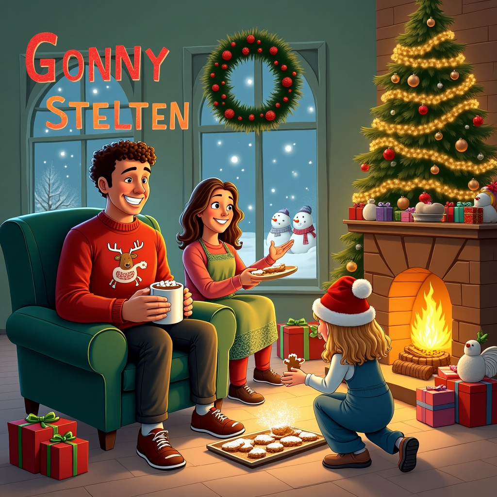 In the center of the card, a cozy living room is bustling with Christmas cheer. The room is softly lit by a crackling fireplace, above which hangs a festive wreath. A large, colorful Christmas tree stands in the corner, adorned with twinkling lights, shiny baubles, and tinsel. In the foreground, a 45-year-old man with short, curly brown hair is dressed in a bright red sweater adorned with a reindeer motif. He is seated on a plush green armchair, clutching a steaming mug of cocoa with marshmallows, a wide grin across his face. Next to him, a 43-year-old woman with long brown hair, wearing a holly-patterned apron, is playfully tossing a handful of snow-like powdered sugar over a tray of freshly baked gingerbread cookies.

To the side, a 14-year-old boy with long brown curls is kneeling by a pile of wrapped presents, holding one up with great curiosity, as if trying to guess its contents. He wears a Santa hat tilted jauntily to one side. Near him, a 12-year-old girl with long blond hair, donning a sparkly blue dress, is carefully hanging the final ornament on the tree, a delicate glass angel that catches the light beautifully.

In the background, the window reveals a snowy landscape outside, where snowmen wearing scarves and hats smile back at the family inside. Above the fireplace, the name "Gonny Stelten" is spelled out in bold, festive letters, forming a garland strung with little fairy lights, as if it is part of the Christmas decorations. The letters are colorful and seem to twinkle, adding to the holiday spirit of the scene.
Generated with these themes: Maak een foto van een kerstkaart met een man van 45 met korte krullen en bruin haar een vrouw van 43 jaar met lang bruin haar een ĵongen van 14 jaar met lange bruine krullen en een meisje van 12 met lang blond haar.
Made with ❤️ by AI.