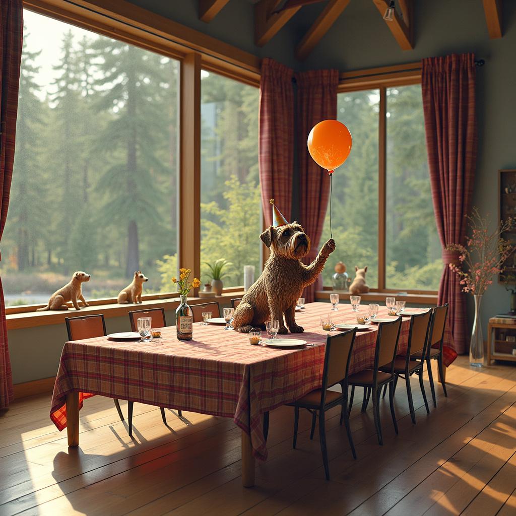 In this variation, the scene is set inside a minimalistic, high-ceilinged cabin in Oregon, with exaggeratedly large plaid shirts framing the windows as curtains. On a robust wooden floor, a long banquet table is covered in a plaid tablecloth that seems to undulate as if alive. The centerpiece is a grand sculpture of a scruffy terrier, carved entirely from driftwood, sporting a birthday hat and holding a single balloon. The balloon is filled with a cartoon depiction of whiskey instead of air, floating with an impossible stillness. Placed evenly on the table are delicate crystal whiskey glasses, each containing a tiny, animated plaid shirt swirling as if possessed by a tiny storm. In one corner, a comically oversized whiskey bottle has been repurposed into a vase, holding an array of wildflowers. Fading into the background are semi-transparent illustrations of scruffy terriers, fixed in poses as if mid-jump in jubilation, yet with no one around to witness their antics.
Generated with these themes: Whiskey, Plaid shirts, Scruffy terriers, Oregon, and Being alone.
Made with ❤️ by AI.