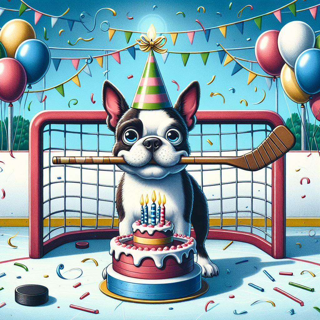 Create a whimsical birthday-themed illustration. The scene is centered around a friendly Boston terrier wearing a party hat, standing proudly at the center of a well-maintained ice rink. In the dog's mouth, it holds a comically oversized hockey stick, with a birthday cake precariously balanced on a puck at the tip of the stick. Up above, colorful balloons and confetti float freely, filling the air with a festive spirit. In the distance, a hockey goal net, beautifully adorned with streamers, blends in with the overall celebratory atmosphere.
Generated with these themes: Boston terrier, hockey.
Made with ❤️ by AI.