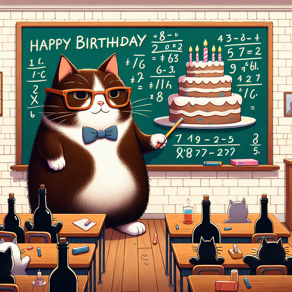 Create a funny birthday-themed illustration. The main character is a chubby, brown-black cat with nerdy glasses and a bow tie, illustrating the role of a school teacher. This cat stands on its hind legs, holding chalk in its paw, and is in the process of drawing a birthday cake on a chalkboard, complete with candles. An amusing math equation is also on the board, playfully attempting to compute the birthday person's age. The classroom, filled with a diverse audience of anthropomorphic wine bottles, witnesses this scene, expressed in a humorous context.
Generated with these themes: Brown black cat, Wine, and School teacher.
Made with ❤️ by AI.