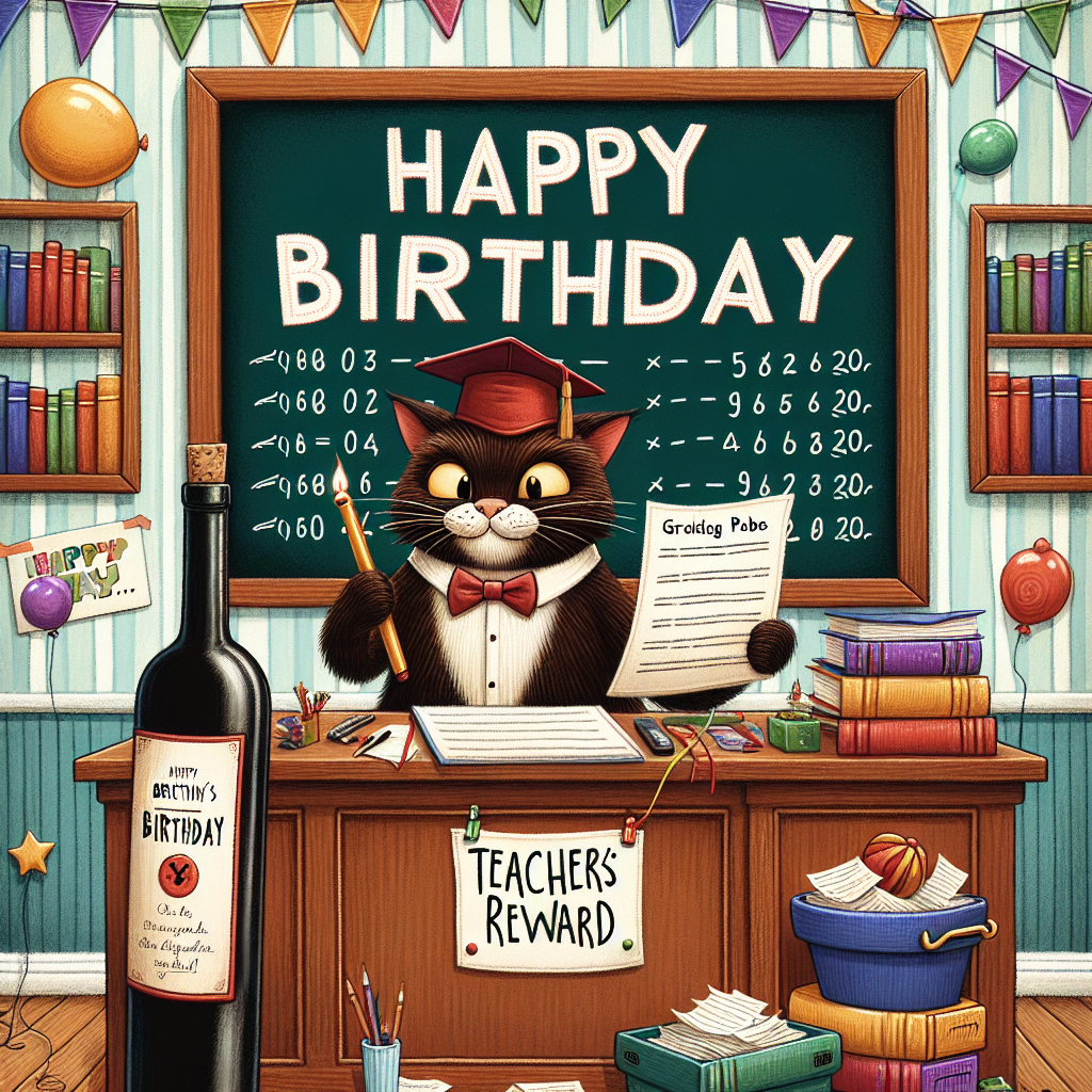 Brown black cat, Wine, and School teacher Birthday Card