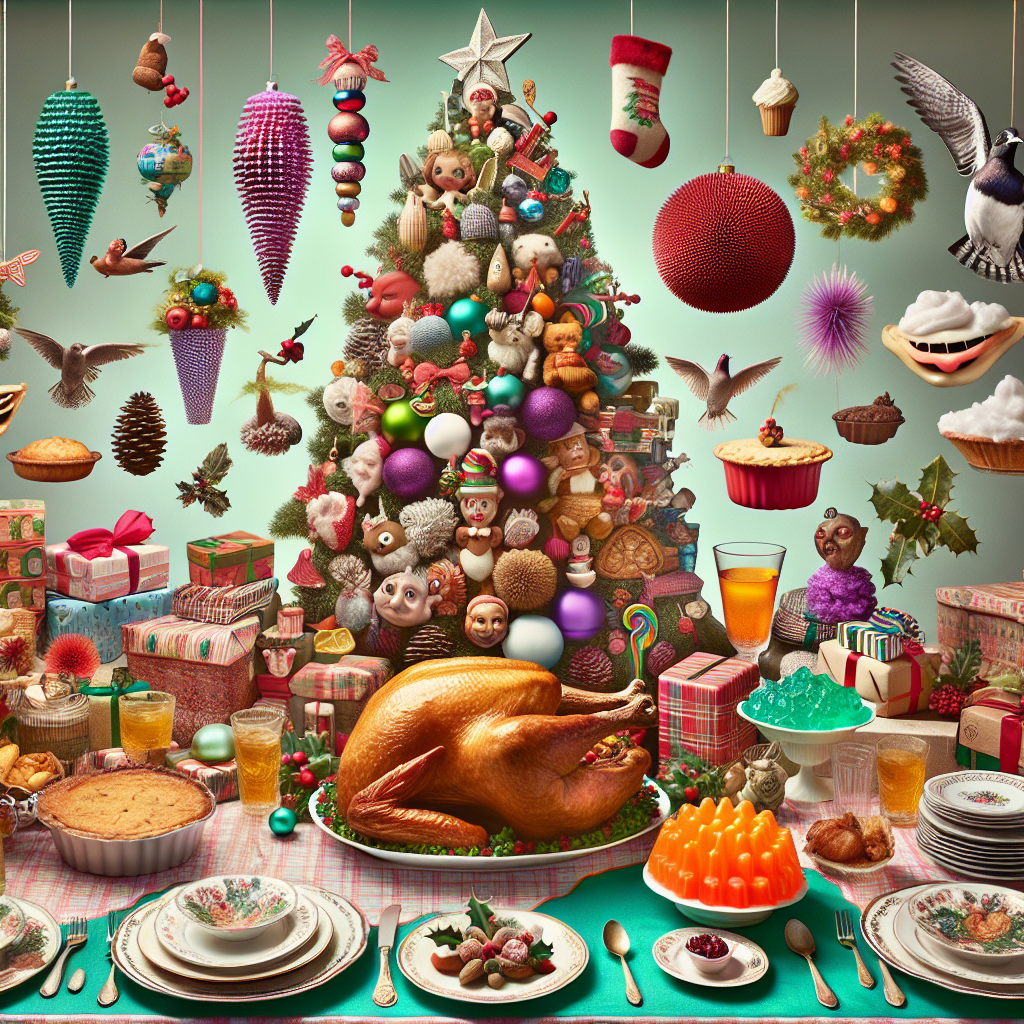 A whimsical Christmas scene unfolds with a tree standing lopsided, adorned with mismatched ornaments collected over the years. Underneath, oddly wrapped presents form a haphazard pile. The dinner table is set with a quirky array of plates and glasses, and the centerpiece is an oversized, slightly burnt turkey surrounded by dishes that reflect a potluck of family recipes, from sweet potato pie to a jello mold that jiggles with laughter itself.
Generated with these themes: Tree, and Dinner.
Made with ❤️ by AI.