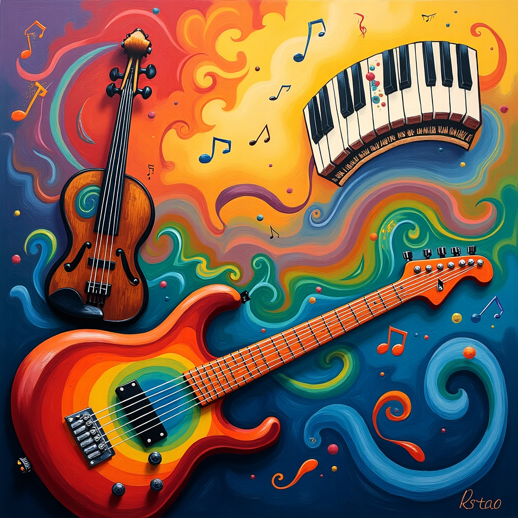 In the foreground of the card, a vividly painted bass guitar takes center stage, its strings seemingly alive, spiraling outwards like tendrils of vibrant color reminiscent of Kandinsky's compositions. These tendrils weave through the air, forming an abstract, rhythmic wave that guides the eye across the scene. Entwined within these tendrils, an electric violin floats, its neck curved elegantly like a swan's, with ethereal notes painted as glowing, elongated ovals akin to Joan Miró's biomorphic shapes. These notes drift upwards towards a large abstract cake inspired by Mondrian, with geometric sections colored in bold primary hues. This cake serves as a canvas for the name "Rock Sister," which is artistically integrated as part of the frosting in cursive, almost melting into the geometry. Above this, a series of keyboard keys form an archway in the sky, like a musical rainbow, their stark black and white keys contrasting against a soft, Rothko-inspired gradient sky that shifts from deep violet to warm orange. In the distance, angular clouds echo Malevich's Suprematism, floating whimsically, their sharp edges softened by Pollock-esque splatters of paint, adding depth and movement. Throughout the scene, scattered Cy Twombly-style scribbles suggest the music's whispers, while de Kooning's influence is evident in the fluid, organic forms that wrap around the instruments, tying the entire scene together in a surreal symphony of color and form.
Generated with these themes: Bass Guitar, Electric violin, and Keyboard .
Made with ❤️ by AI.