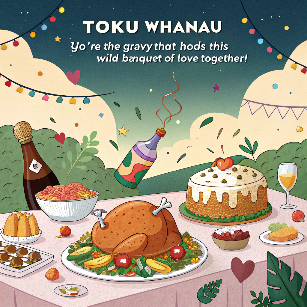 At the top of the image, "Tōku whānau – you're the gravy that holds this wild banquet of love together!"

– Show a cartoon dinner table overflowing with exaggerated celebration foods: dancing mashed potatoes wearing party hats, a turkey breakdancing on the tablecloth, a cake mid-swan dive into a bowl of jelly, and fizzy soda cans spraying confetti like champagne bottles.  
– String lights shaped like forks and spoons hang overhead, and balloons shaped like vegetables float in the background with silly faces.  
– At the head of the table, a cartoon family (Tōku whānau) of animated utensils (like a spoon in an apron, a knife in a party hat, a fork doing jazz hands) toast together, their grins full of cheeky thanks.  
– Mood: Playful chaos, celebration, and heartfelt gratitude—served with extra puns!
Generated with these themes: Celebration food and décor, and Animated .
Made with ❤️ by AI.