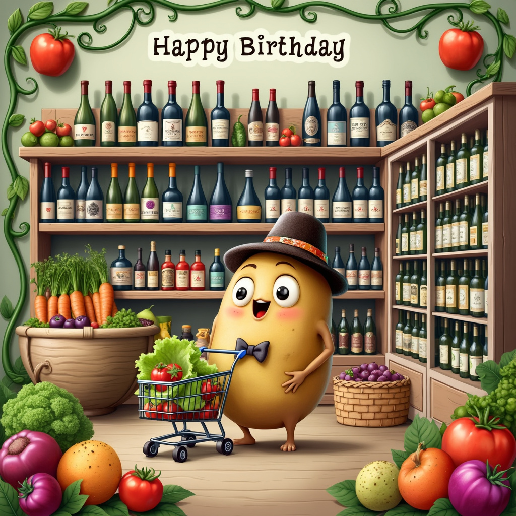 The front cover of the birthday greeting card showcases a bustling grocery store scene, but with a delightful twist. At the center of the scene, there's an anthropomorphic jacket potato wearing a tiny, stylish hat and a bow tie, pushing a miniature shopping cart brimming with various items. The potato’s eyes are wide and excited, and it's energetically chatting with a head of lettuce wearing a floral sunhat and sunglasses. 

Shelves line the background, packed with vibrant produce and bottles of wine, each bottle whimsically labeled with punny names like "Spudtacular Sauvignon" and "Tubers’ Tempranillo." Among the shelves, there’s a display of various gin bottles labeled "Gin-Credible," all with images of veggies doing quirky dances. 

In another part of the scene, a sleek wine rack towers high, with wine bottles being examined by a group of carrots in shopping attire, complete with tiny handbags and sunglasses. Near them, a salad bar has come to life with various salad ingredients – tomatoes, cucumbers, and olives – chatting animatedly as they prep themselves into a giant, mouth-watering salad bowl.

To the left, a potato family in cute jackets (the actual skin of the potatoes) is having a tasting session, complete with little forks and napkins, savoring miniature glasses of gin and wine. A basket labeled "Birthday Specials" is overflowing with quirky items like "Potato Gin" and "Lettuce Leaf Wine," adding to the whimsical and celebratory atmosphere.

The card’s border is adorned with vine-like patterns, incorporating tiny, happy potatoes and leaves, tying all the elements together in a playful, yet detailed way.
Generated with these themes: Jacket potatoes, shopping, salad, gin, wine.
Made with ❤️ by AI.