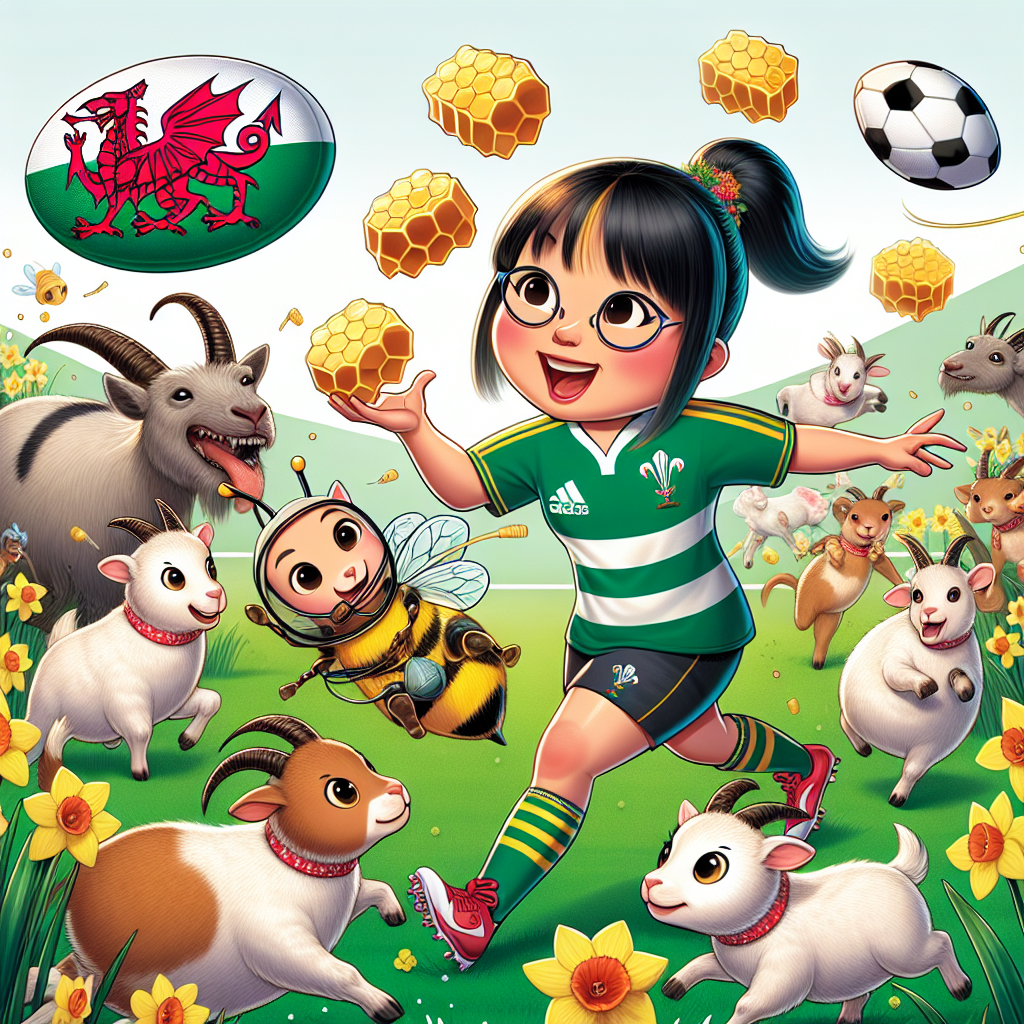 A cartoon-based whimsical birthday theme full of humor. Positioned in the middle, an Asian female beekeeper garbed in Wales' distinctive rugby jersey adeptly juggles a rugby ball and honeycombs. Surrounding her, playful goats, chased around a field sprinkled with daffodils by mischievous cats donning dragon tail accessories. The backdrop proudly boasts the Welsh flag, crafting an energetic and lively birthday tableau.
Generated with these themes: Bee keeping, Rugby, Wales, Cats, and Goats.
Made with ❤️ by AI.