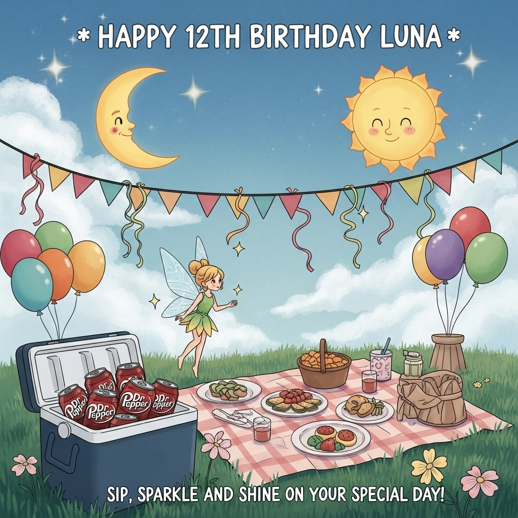 Dr Pepper , Luna, Party, Picnic , Moon, Sun, Fairy, and Birthday Card