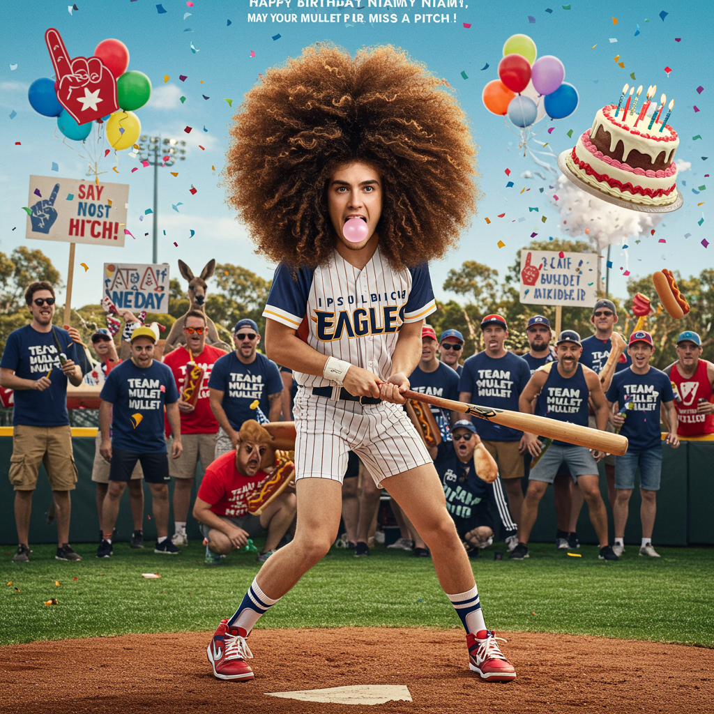 **At the top of the realistic photograph image:**  
**“Happy Birthday Niamh — May Your Mullet Never Miss a Pitch!”**

**Prompt for the image (realistic photograph style, funny mood):**  
A humorous, high-resolution photograph of a young adult with a gloriously over-the-top curly mullet, dramatically posing mid-swing with a baseball bat in a sunny Ipswich, Brisbane baseball field. They’re wearing a retro Ipswich Eagles baseball jersey, rocking crisp, brightly-coloured Nike TN sneakers (possibly mismatched), and chewing gum with comic overconfidence. The crowd behind them includes exaggerated, enthusiastic Aussie fans in “Team Mullet” shirts, holding birthday signs and hot dogs. One kangaroo in the background wears a foam finger. There’s a slight action blur on the bat hitting a flying birthday cake instead of a ball. Balloons and confetti explode behind them in true birthday-meets-baseball chaos.
Generated with these themes: Baseball, Curly hair mullet, Nike tn sneakers, and Ipswich, Brisbane.
Made with ❤️ by AI.